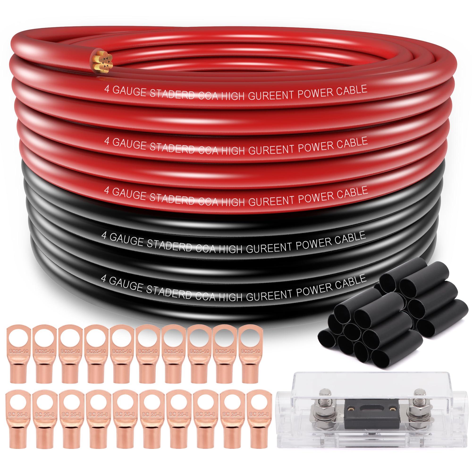 4 Gauge Wire (25Ft Each  Black/Red) Copper Clad Aluminum Cca,100A Anl Fuse Holder,10Pcs Lugs Terminal Connectors And 3:1 Heat Sh