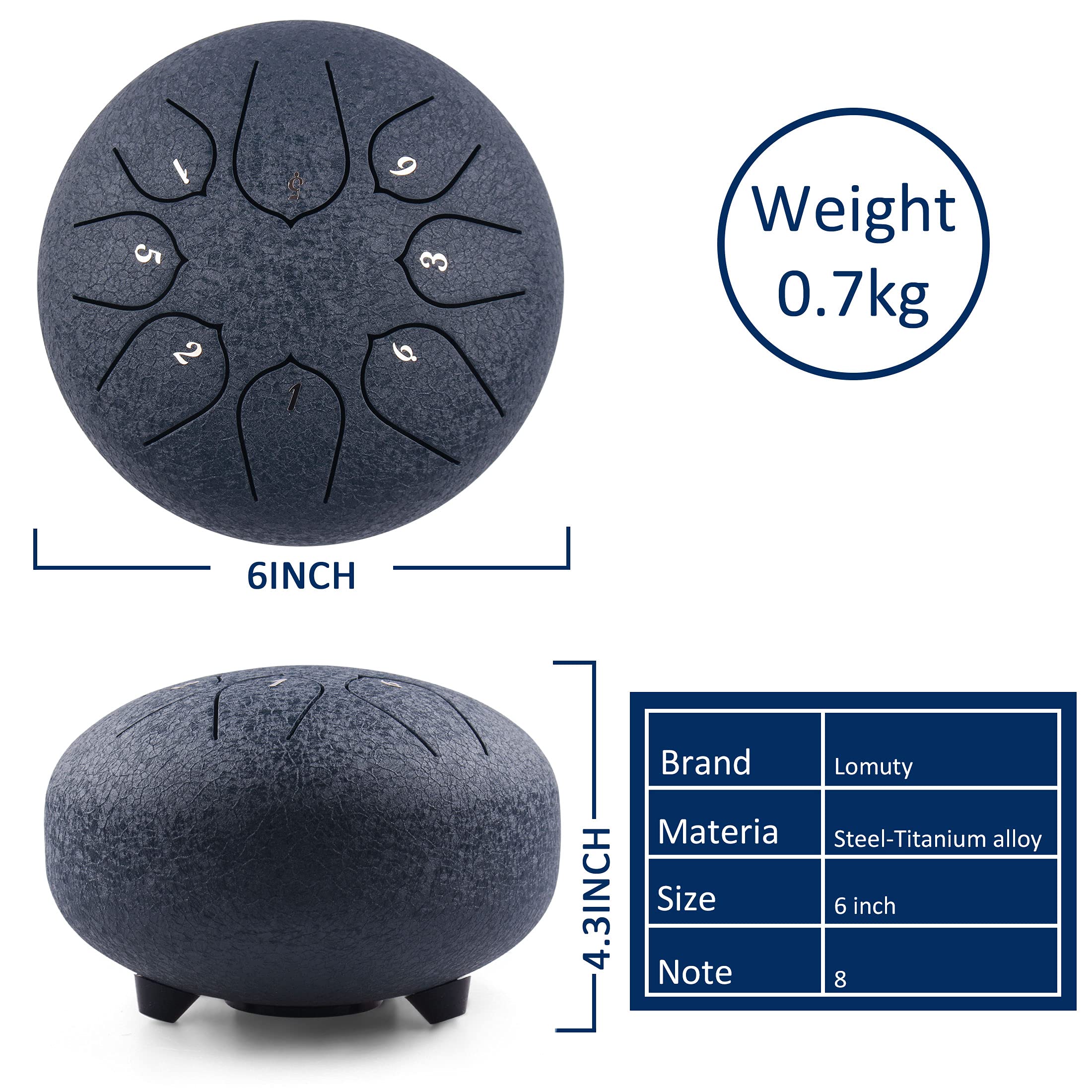 Lomuty Steel Tongue Drum   8 Notes 6 Inches   Percussion Instrument  Handpan Drum With Bag, Music Book, Mallets, Finger Picks (6
