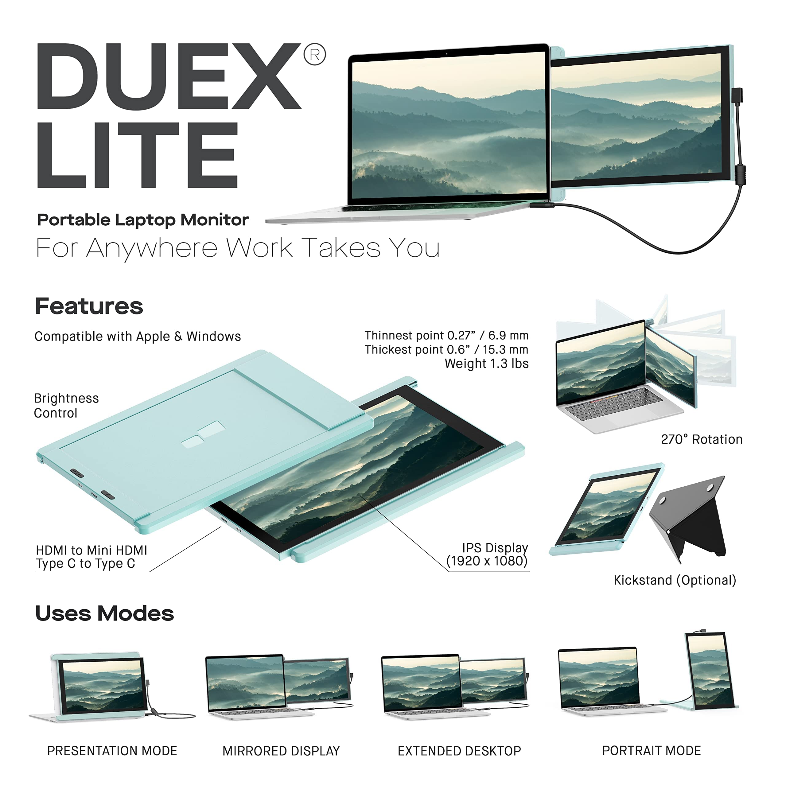 Duex Lite New Mobile Pixels Portable Monitor (2025 Upgraded), 12.5 Full Hd Ips Laptop Screen Extender, Usb C/Hdmi Powered Plug A