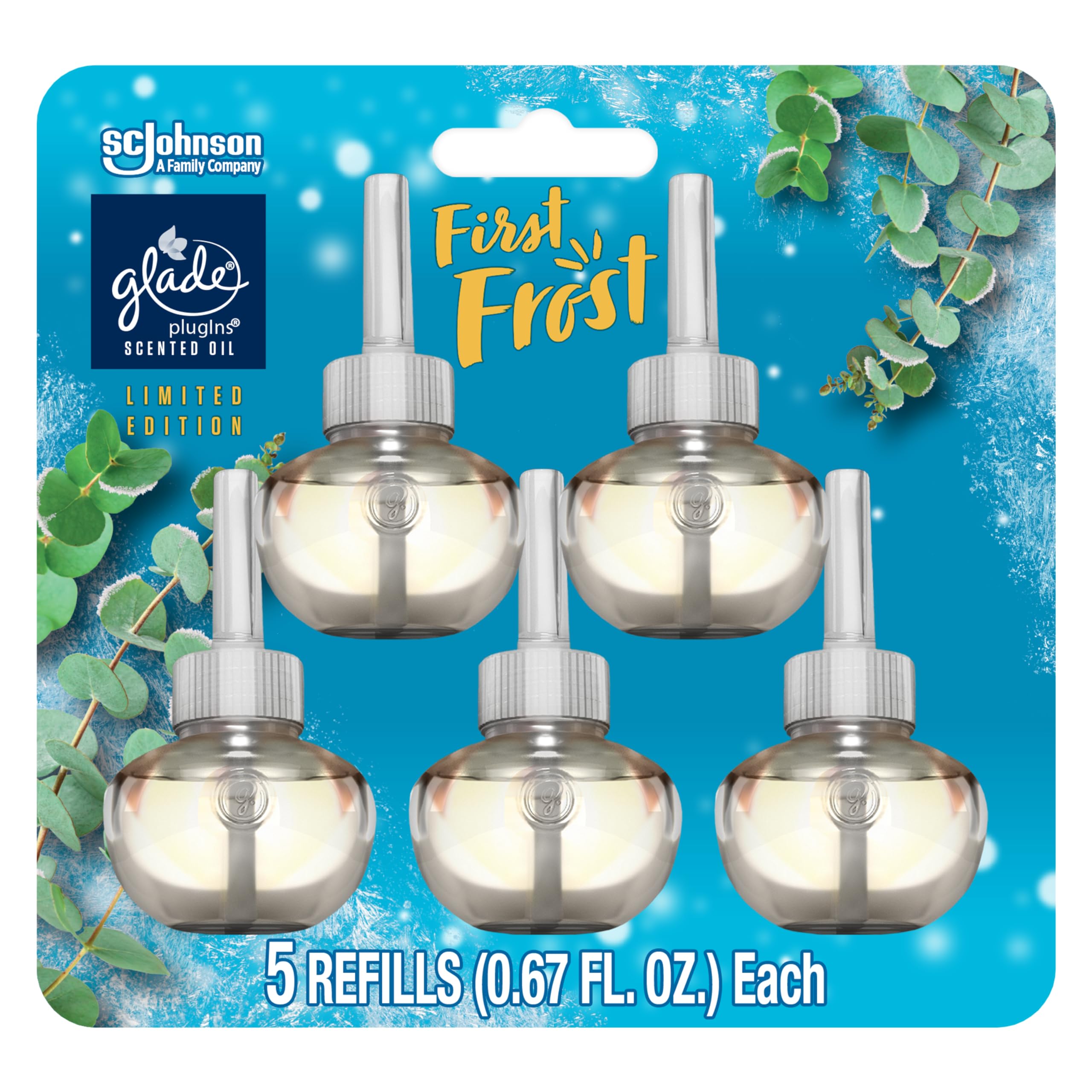 Glade Plugins Refills Air Freshener, Scented And Essential Oils For Home And Bathroom, First Frost, Limited Edition Scent, 3.35