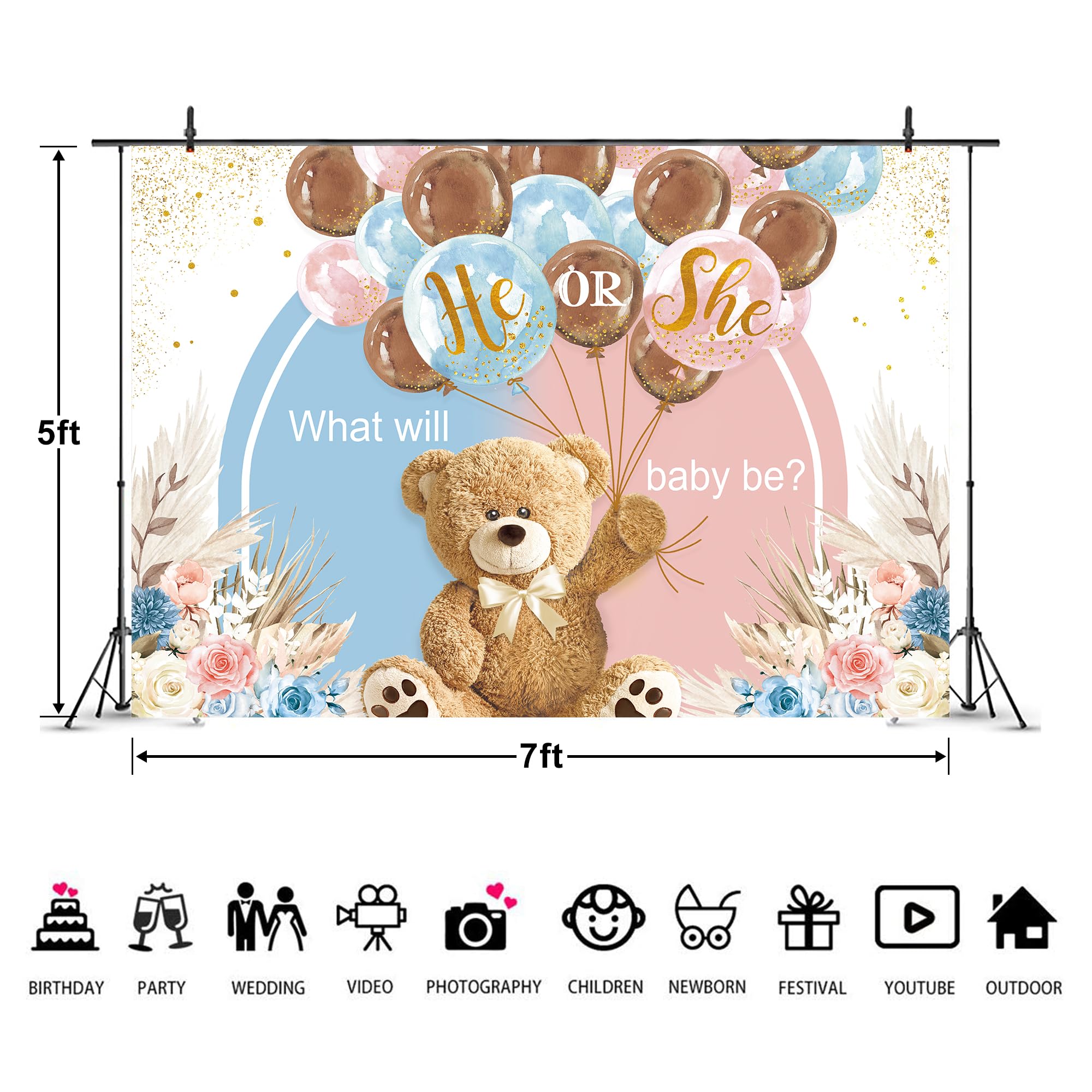 Imirell Bear Gender Reveal Backdrop 7Wx5H Feet Pink Blue He Or She What Will Baby Be Boho Flower Pampas Balloon Polyester Fabric