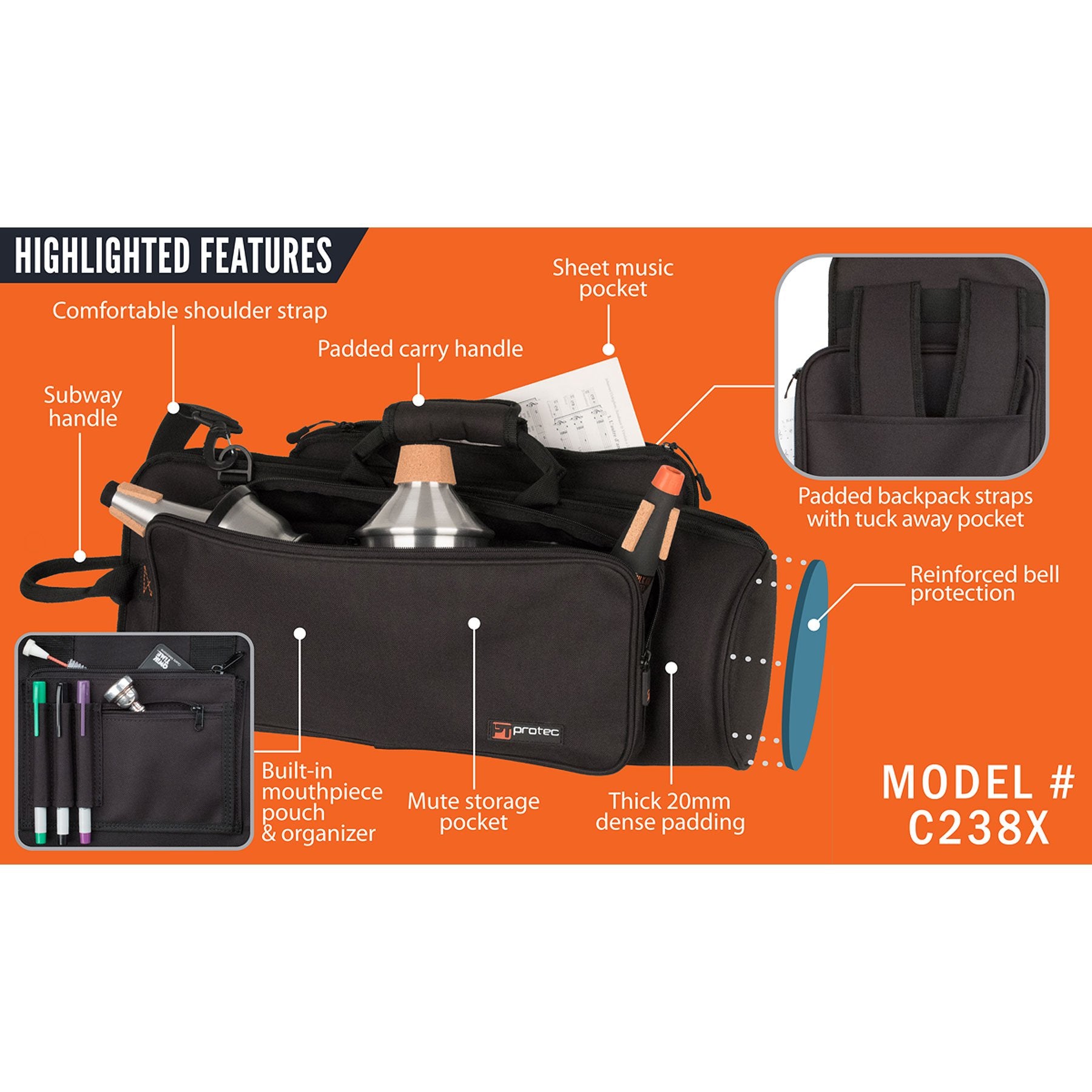 Protec Explorer Series Trumpet Bag With Sheet Music Pocket (C238X)
