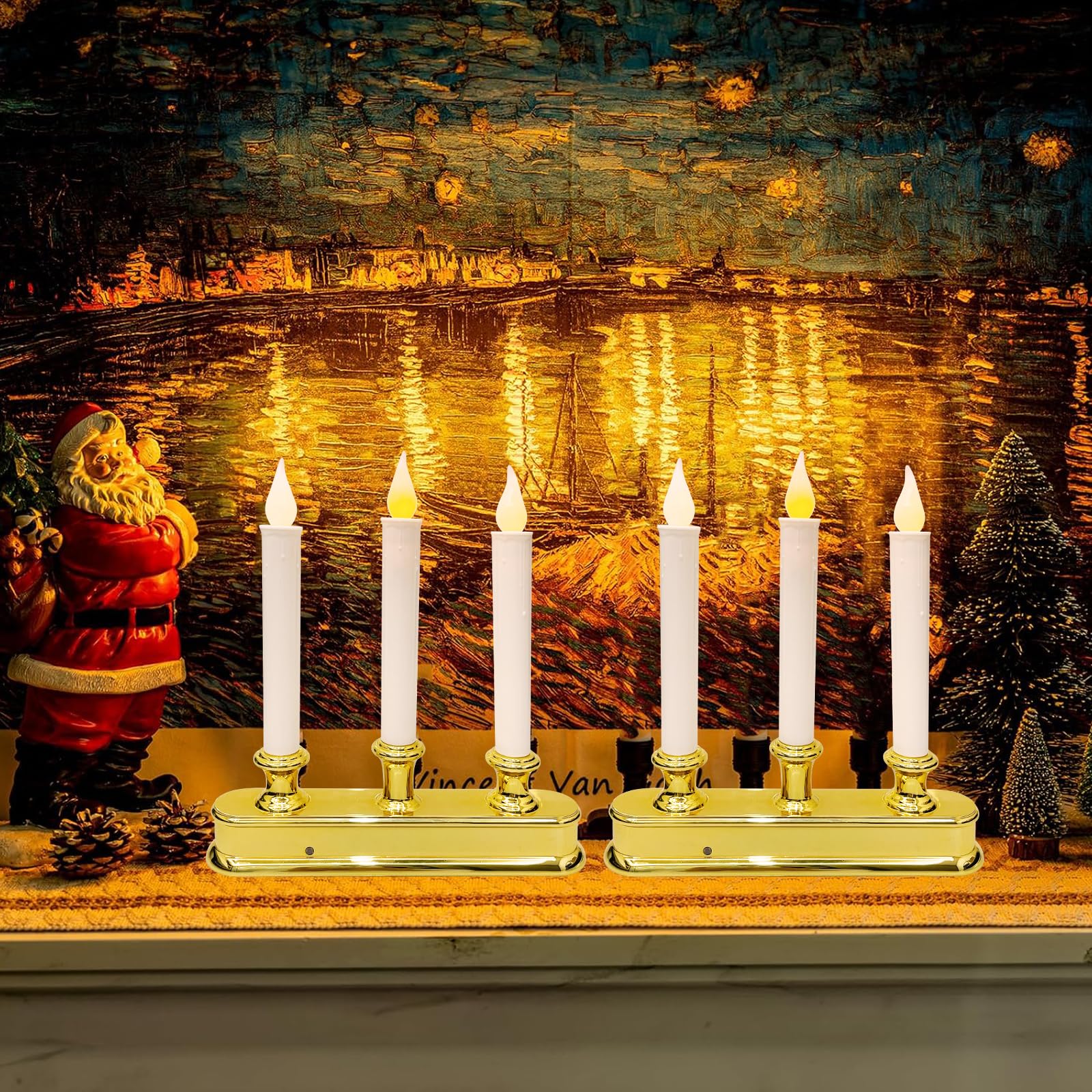 Bokoiuu Christmas Window Candle Lamps, 3 Lights Flameless Flicker Led Lights And Golded Base, Battery Powered Window Candle Fit