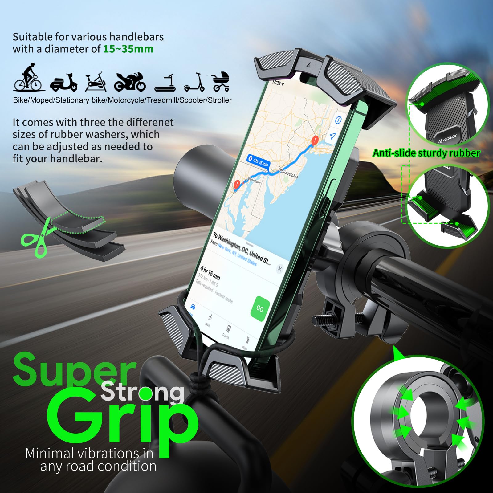 Bike Phone Holder, Motorcycle Phone Mount - Motorcycle Handlebar Cell Phone Clamp, Scooter Phone Clip For Iphone 15 Pro Max/Plus