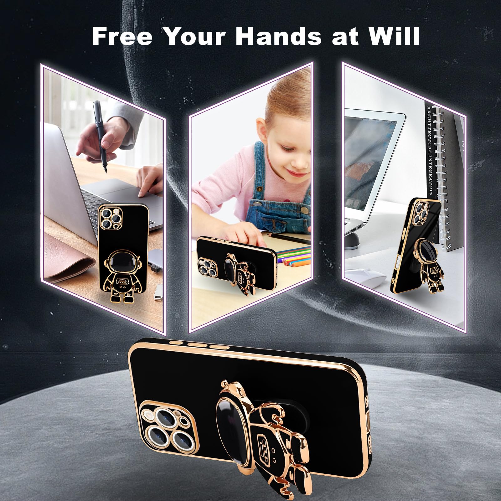 Pepmune For Iphone 16 Pro Case, Cute 3D Astronaut Stand With [2 Screen Protector] [Camera Protection] Kickstand Shockproof Bling