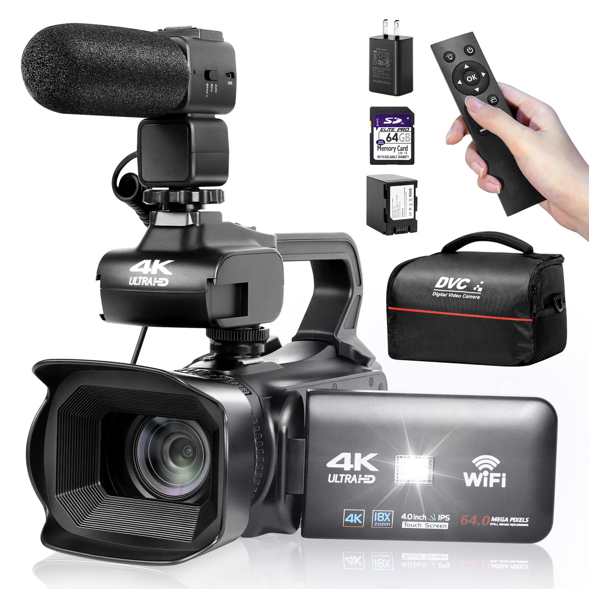 Oiexi Uhd 4K Video Camera Camcorder With 18X Digital Zoom,64Mp Digital Camera Recorder,4.0 Inch Rotating Touchscreen,64Gb Sd Car
