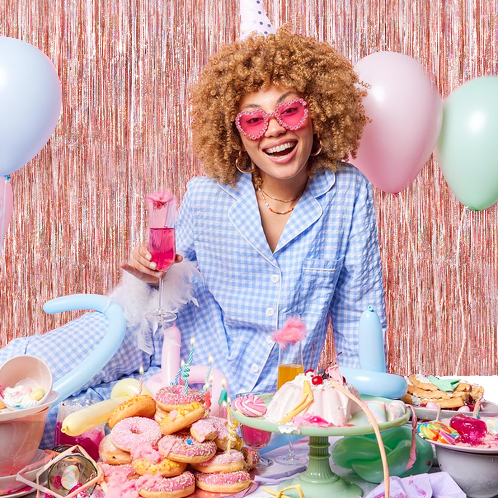 Rose Gold Metallic Tinsel Foil Fringe Curtains, 2 Pack 3.3X8.3 Feet Party Streamer For Birthday Party Decorations, Halloween Dec