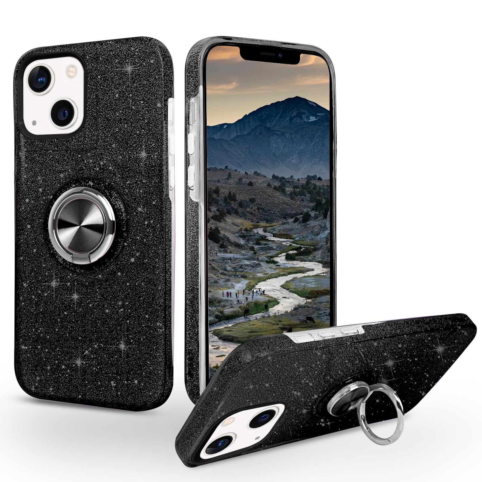 Soulips Iphone 13 Mini Case,Magnetic Car Mount Supported Slim Thin Glitter Sparkle With 360? Ring Holder Kickstand Shockproof Pr