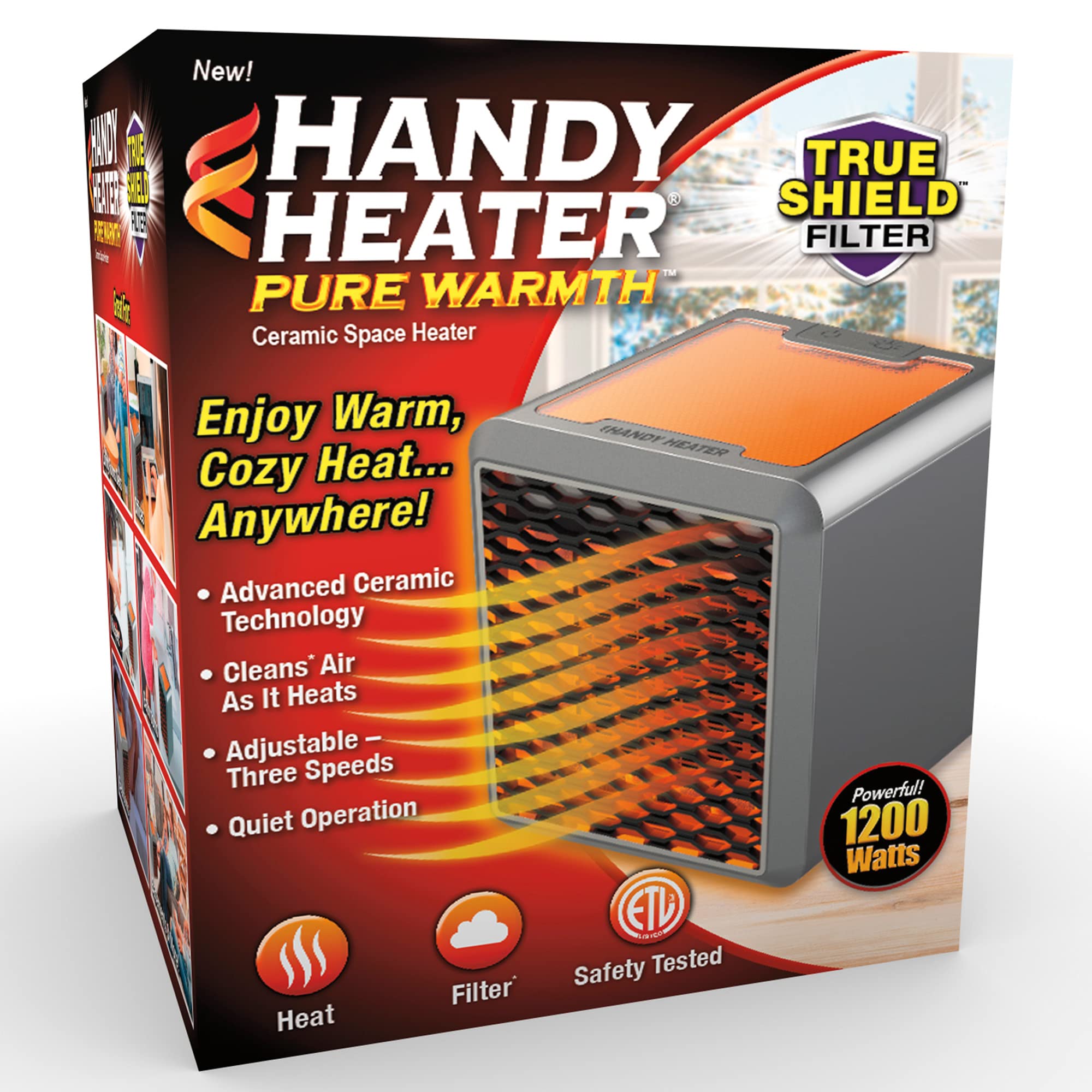 Ontel Handy Heater Pure Warmth Ceramic Space Heater, 1200 Watts, 3 Speed Adjustable, Quiet Operation (Pack Of 1), Black