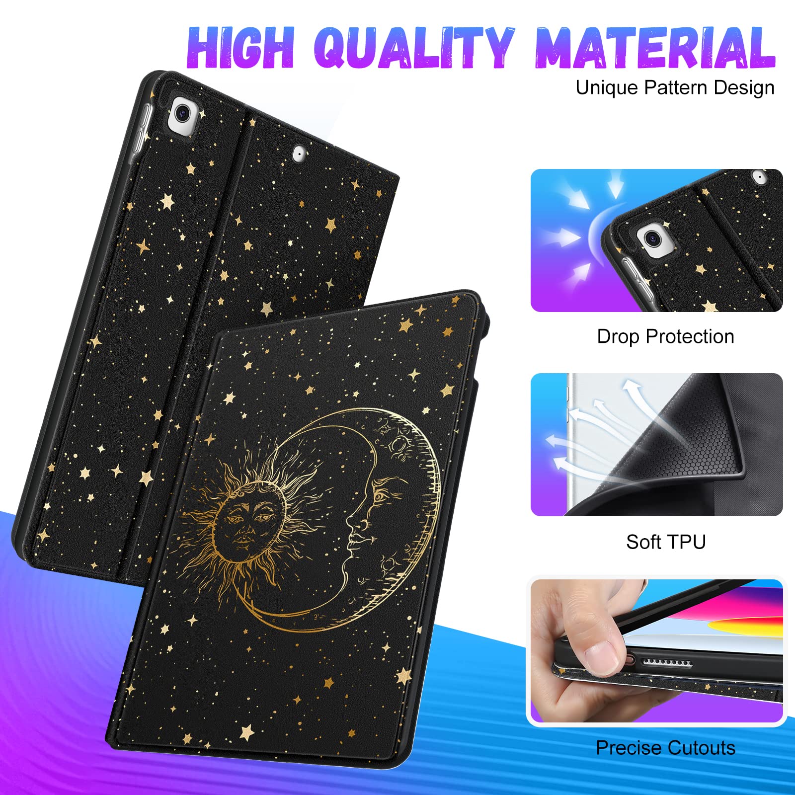 Uppuppy For Ipad 9Th/8Th/7Th Generation Case 10.2 Inch Girls Cute Boys Women Folio Smart Cover Pencil Holder Sun And Moon Aesthe