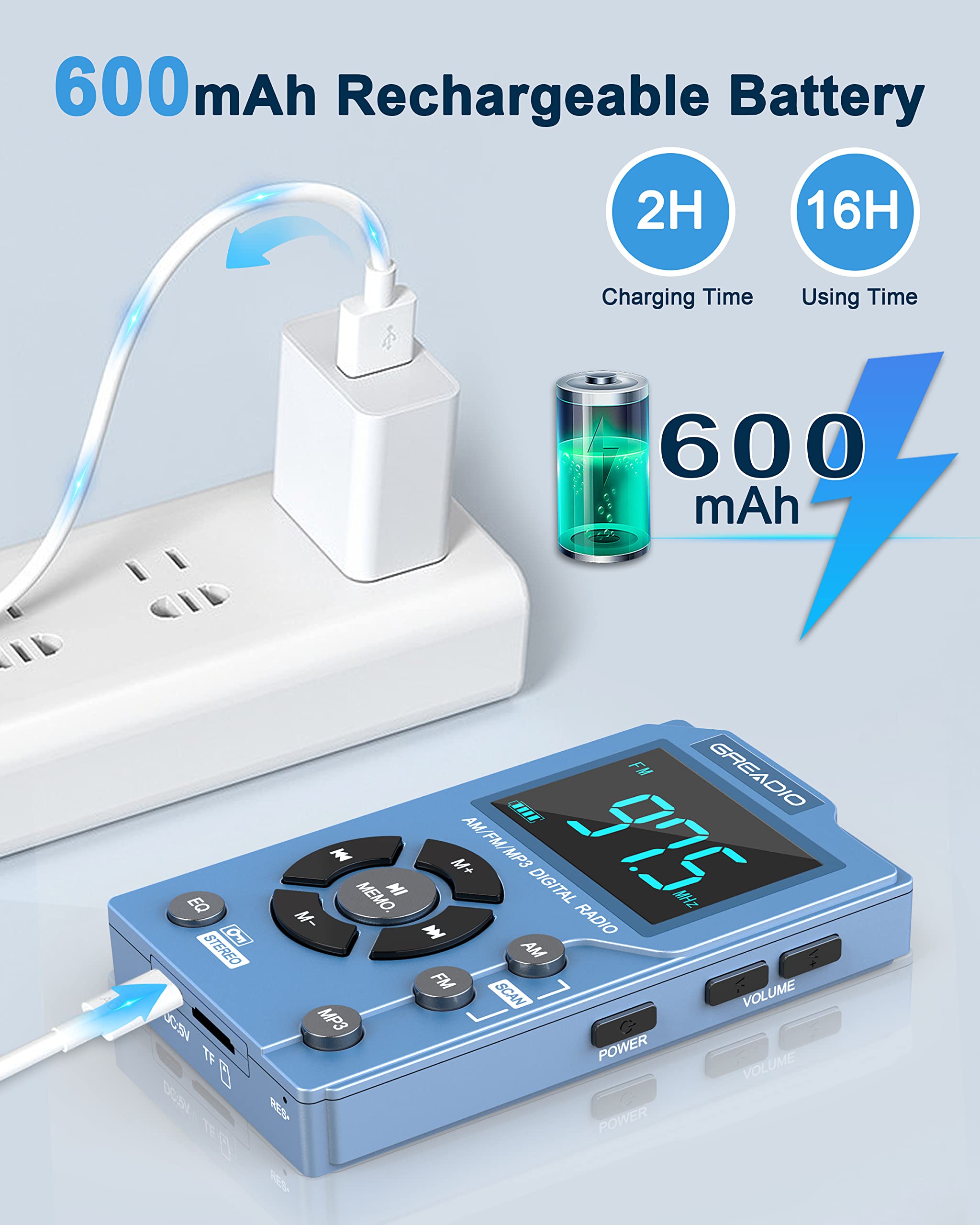 Greadio Radios Portable Am Fm With Mp3 Player,Best Reception Pocket Radio, Large Lcd Screen And Easy To Use, 6 Eq Stereo,Earphone Jack Walkman Radio,For Jogging,Walking,Camping Am Fm Radio