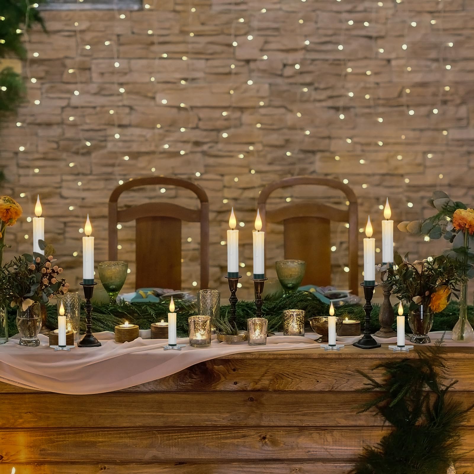 Dromance Christmas Tree Flameless Taper Candle Lights Battery Operated With 10 Key Remote And Timer, 10 Pack Plastic 3D Wick Fli