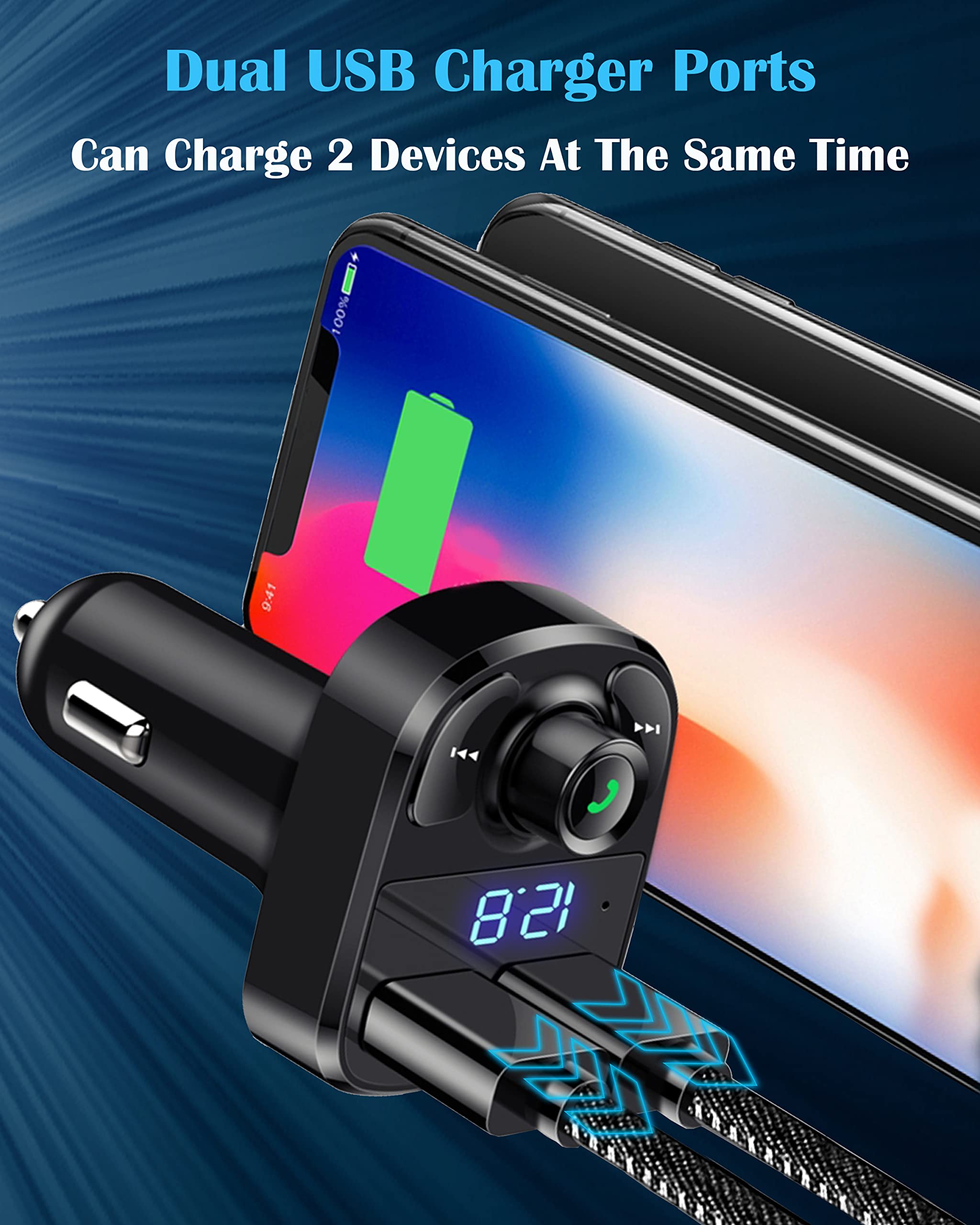 Handsfree Call Car Charger,Wireless Bluetooth Fm Transmitter Radio Receiver,Mp3 Audio Music Stereo Adapter,Dual Usb Port Charger