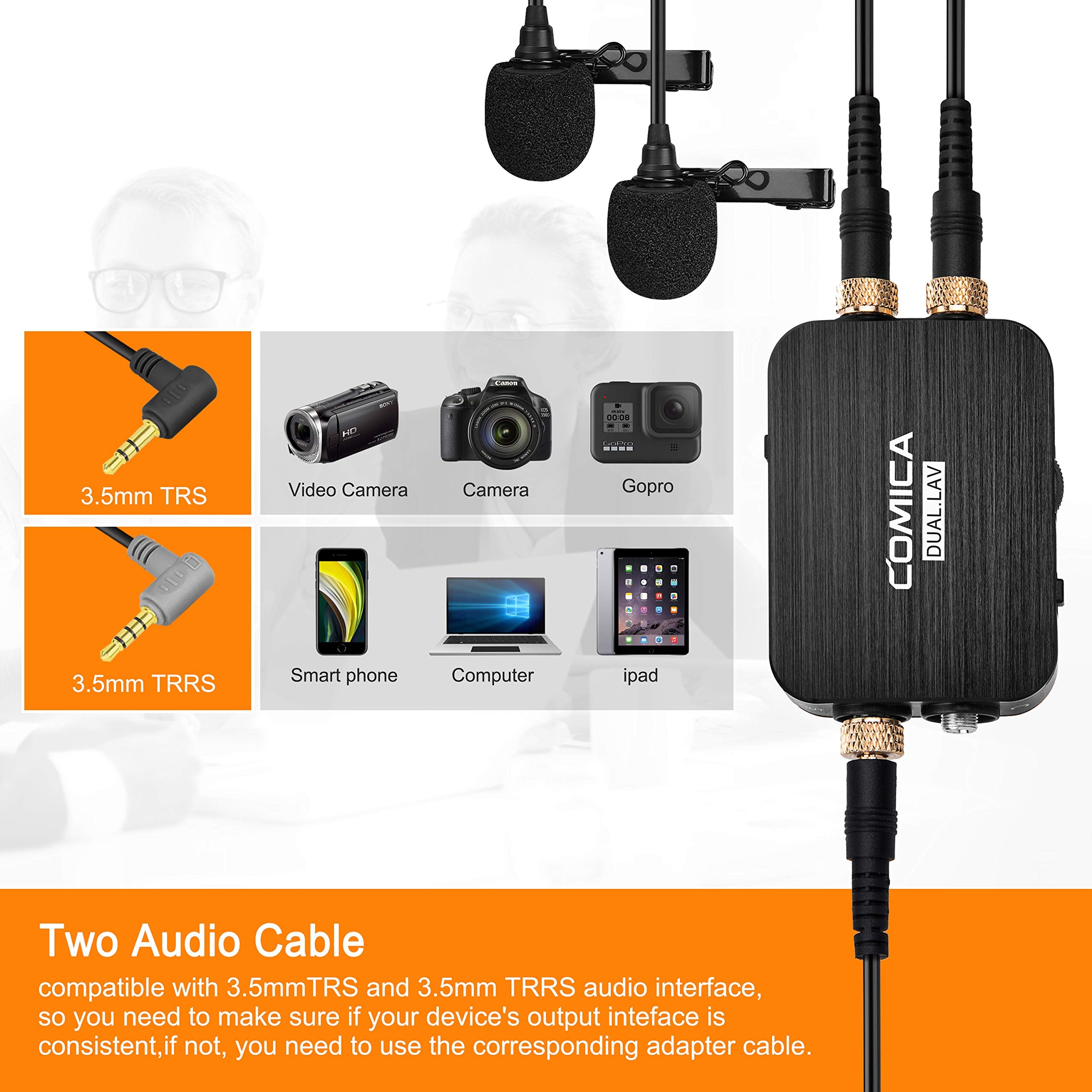 Comica Cvm-D03 Dual Lavalier Microphone, Professional Omnidirectional Clip-On Lapel Microphone For Canon Sony Panasonic Cameras,