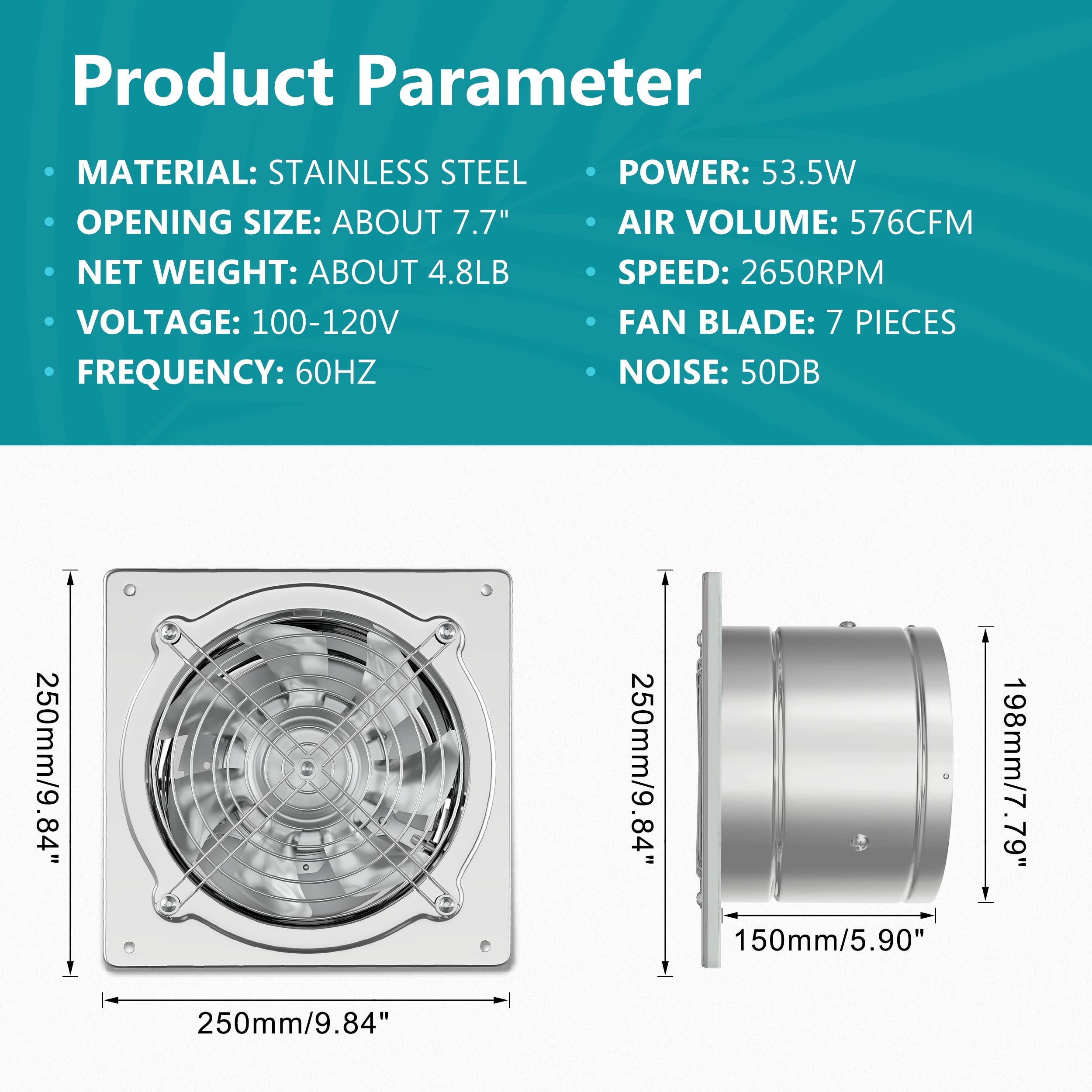Hg Power 8 Inch Kitchen Exhaust Fan, 576Cfm Metal Bathroom Exhaust Fan, Wall Mounted Garage Ventilation Fan, Basement Extractor