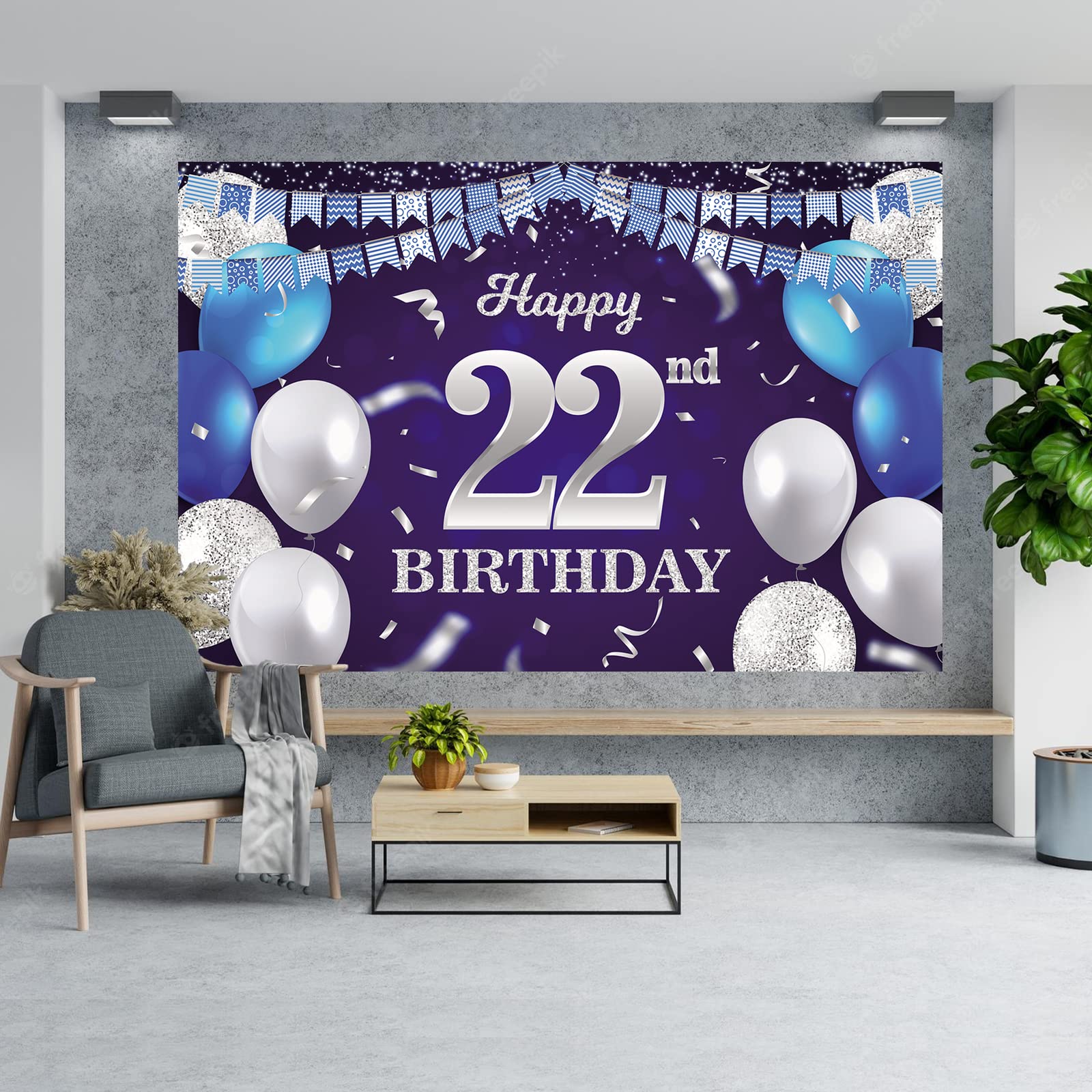 Happy 22Nd Birthday Banner Backdrop Navy Blue Balloons Confetti Stripe Flag Light Spots Cheers To 22 Years Old Theme Decorations