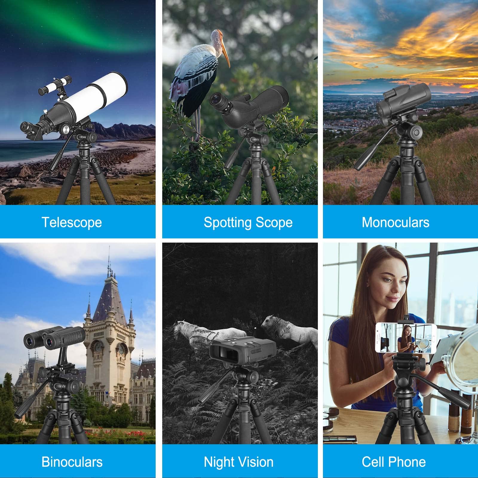 Celticbird 64.5 Inch Travel Portable Tripod  Compatible With Slr Cameras, Cell Phones, Binoculars, Spotting Scopes, Monoculars