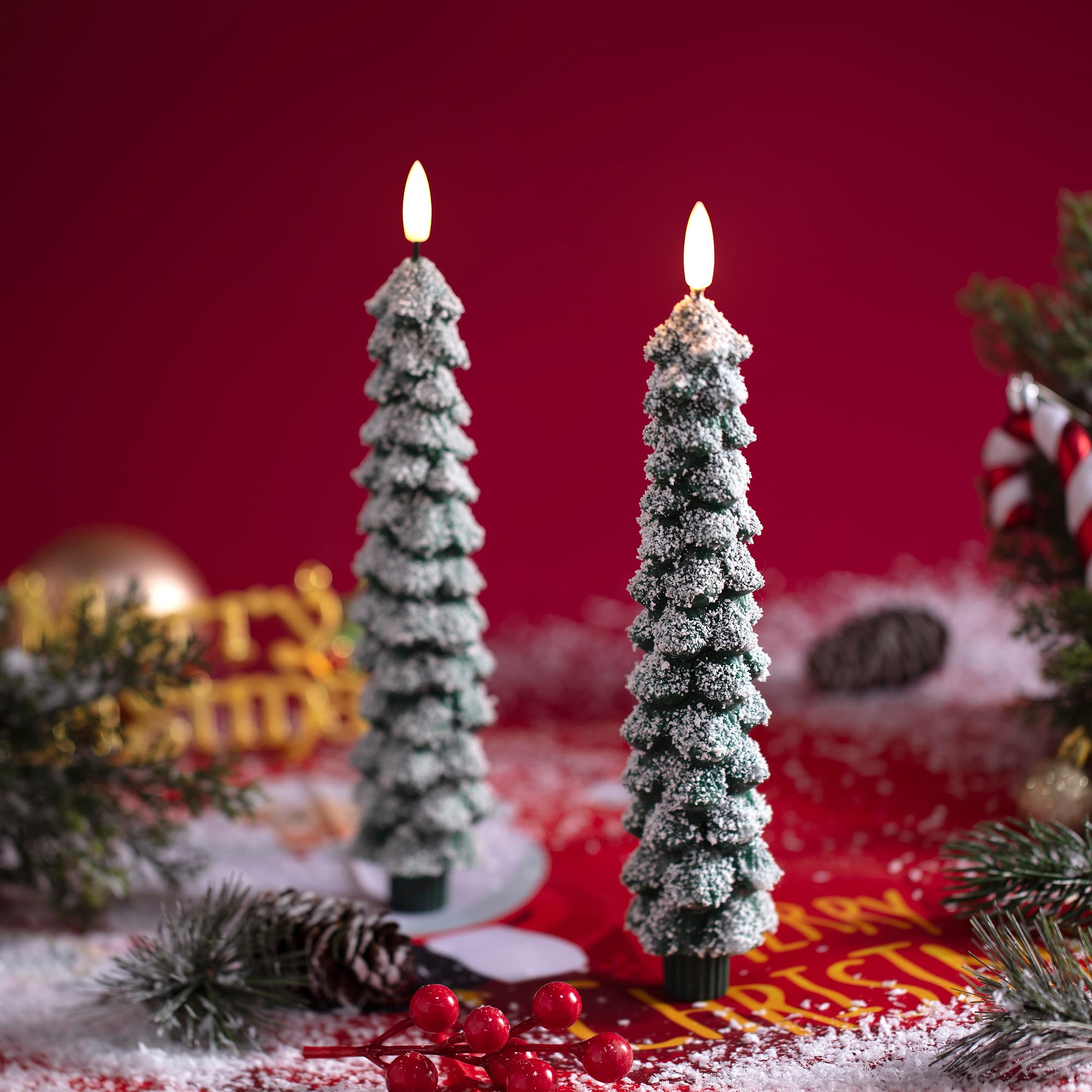 Stmarry 4 Pack Christmas Tree Candles Covered In Snow With Remote, 9.65 Inch Real Wax Flameless Taper Candles, Led Candles Batte