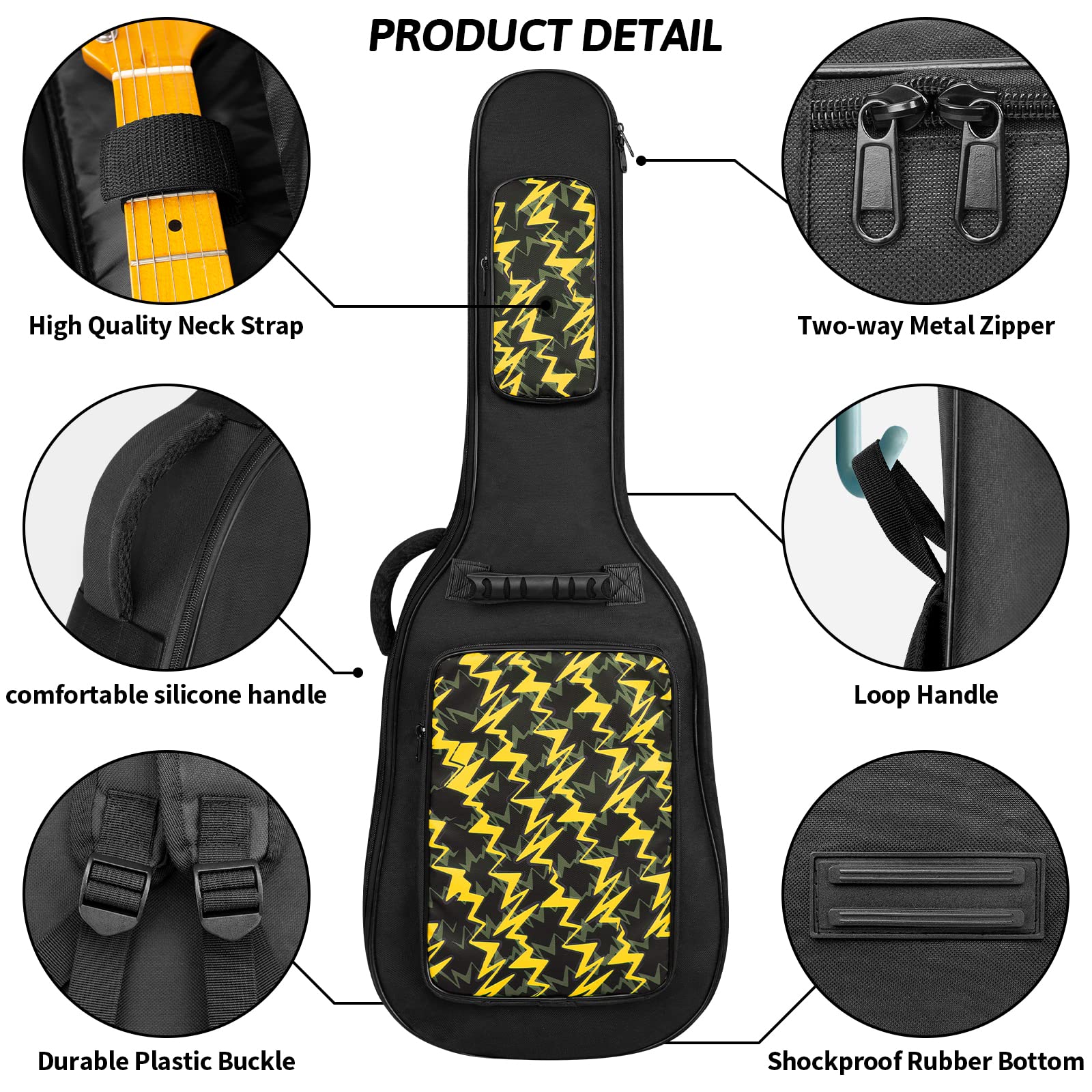 Letsrock 39 Inch Electric Guitar Bag Case 0.38 Inch Thick Padding With Neck Strap Adjustable Shoulder Strap Waterproof Yellow Li