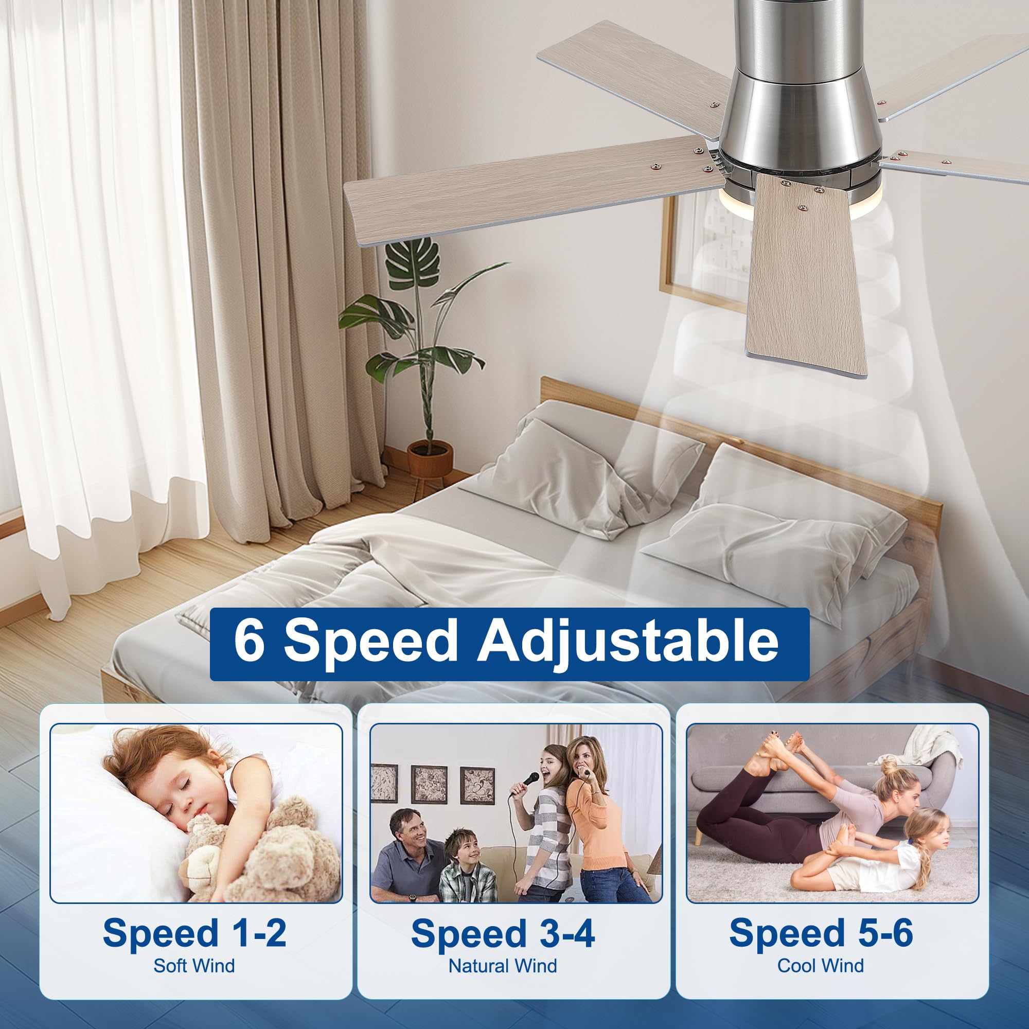 42 Inch Ceiling Fans With Lights And Remote,Flush Mount Silver Ceiling Fan With 5 Blades,6 Speed Reversible Dc Motor,3Cct Dimmab