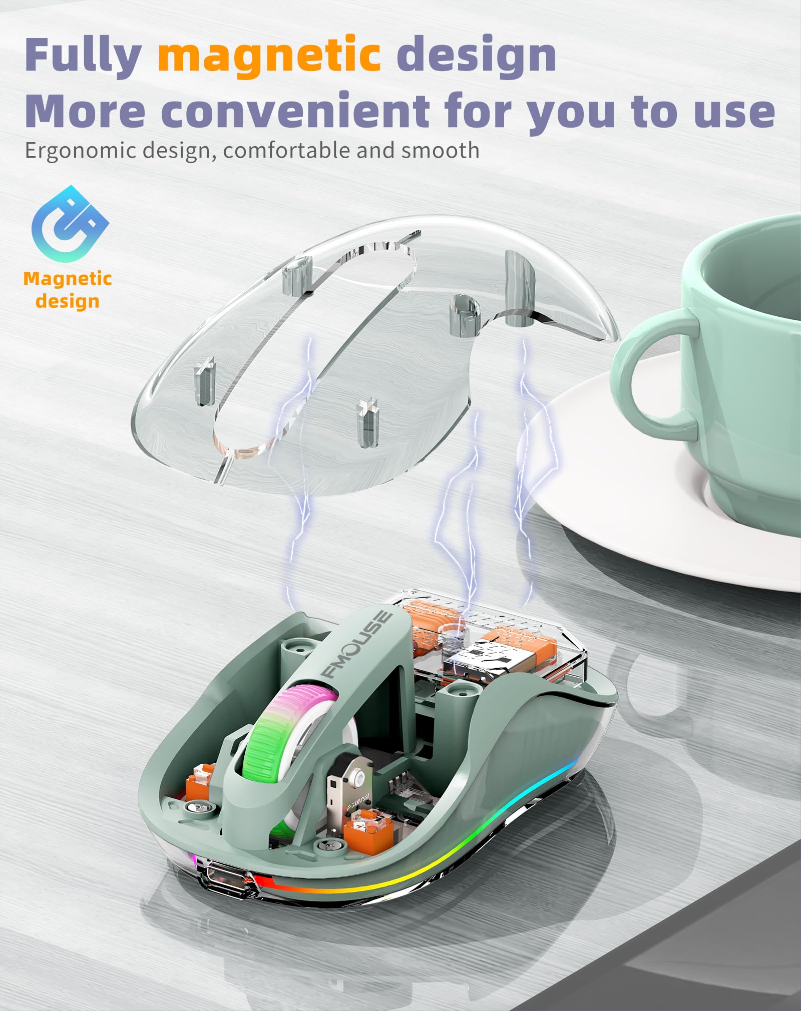 Fmouse Interesting Transparent Bluetooth Mouse With Usb & Type C Two Receiver, Small Portable Silent Wireless Mice With Rgb Ligh
