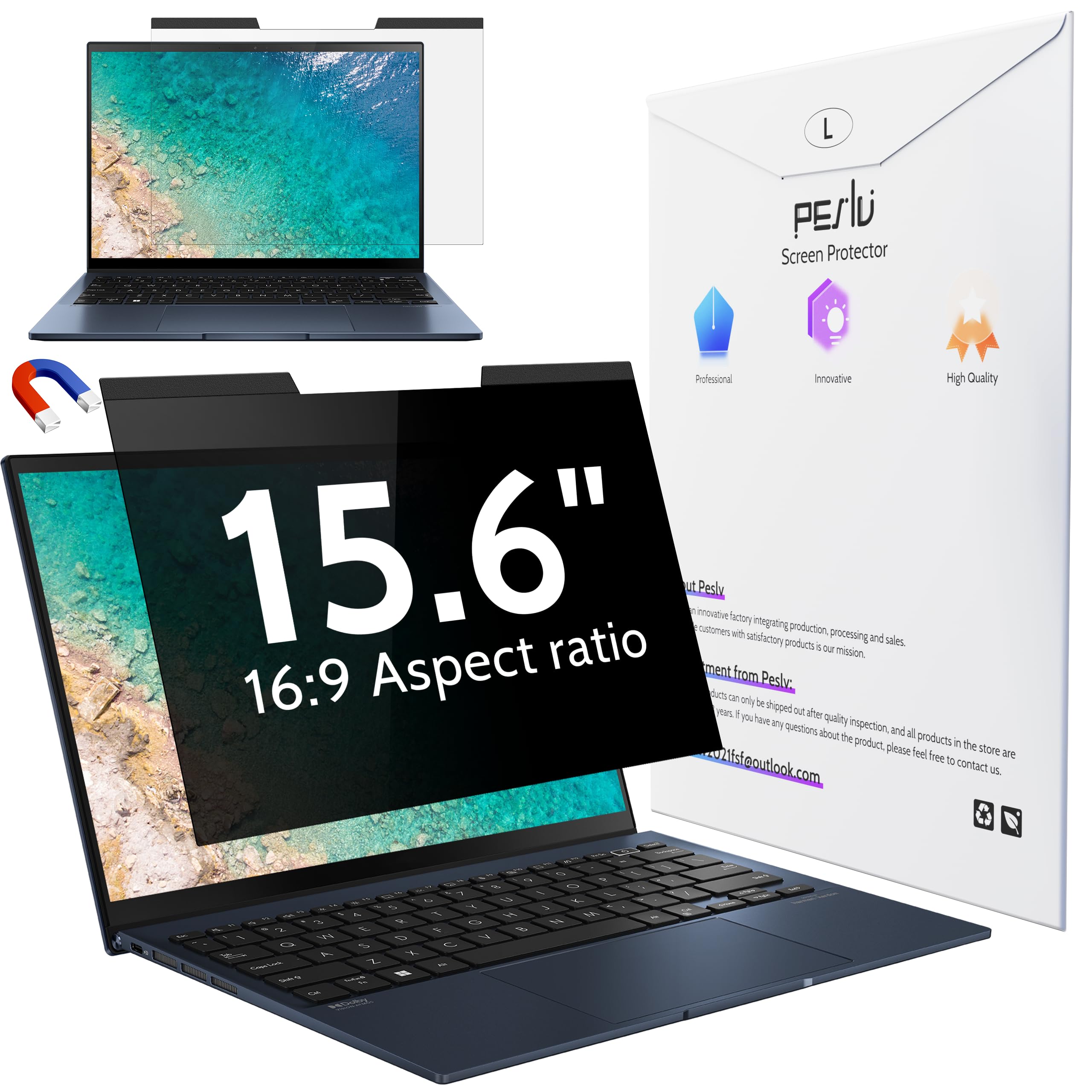 Peslv Magnetic Laptop Privacy Screen 15.6 Inch For 16:9 Computer Monitor, 15'' Removable Anti Glare Protector Blue Light Filter 