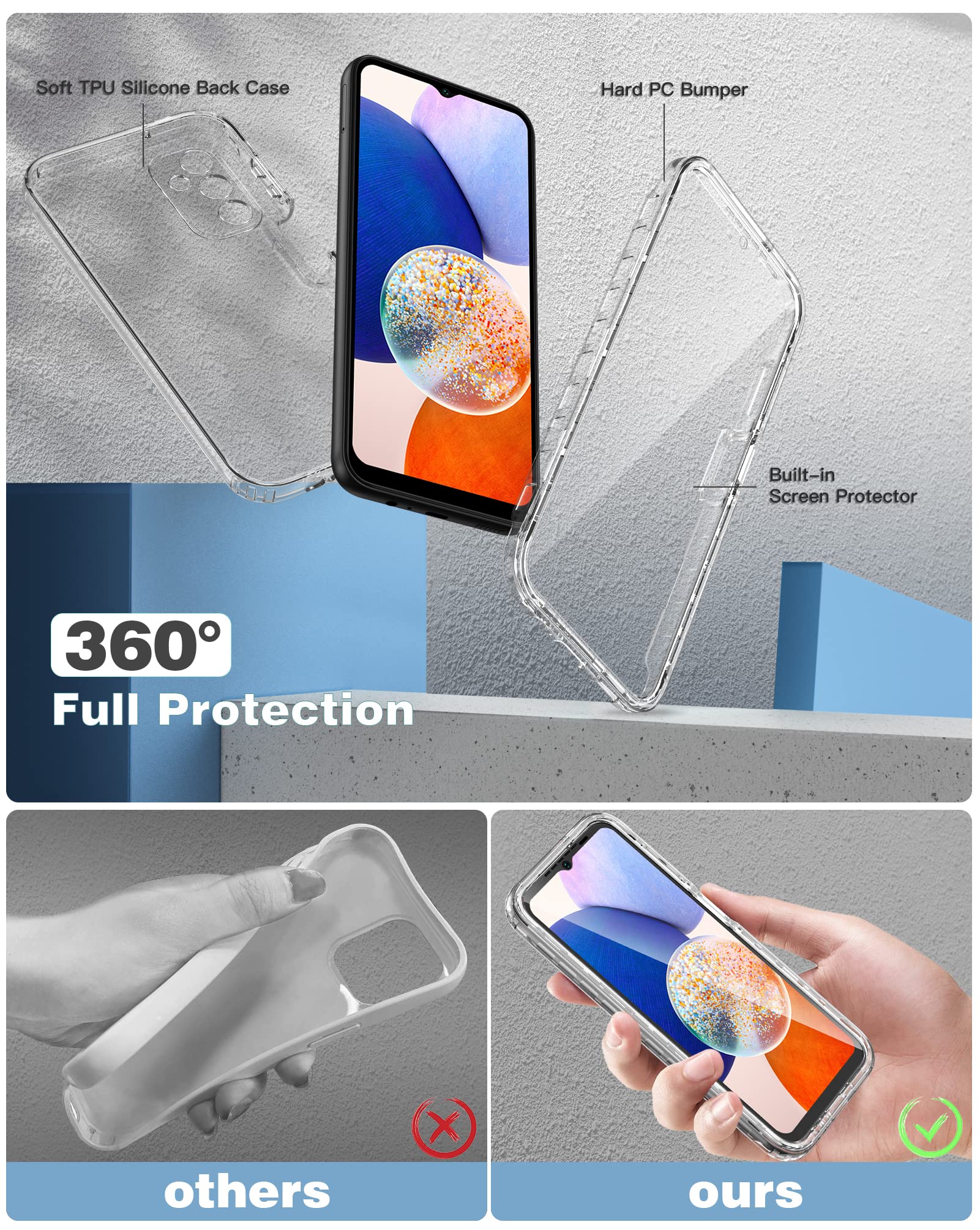 Fntcase For Samsung Galaxy A14 5G Case: Clear Shockproof Protective Phone Case With Built In Screen Protector   Slim Rugged Dual