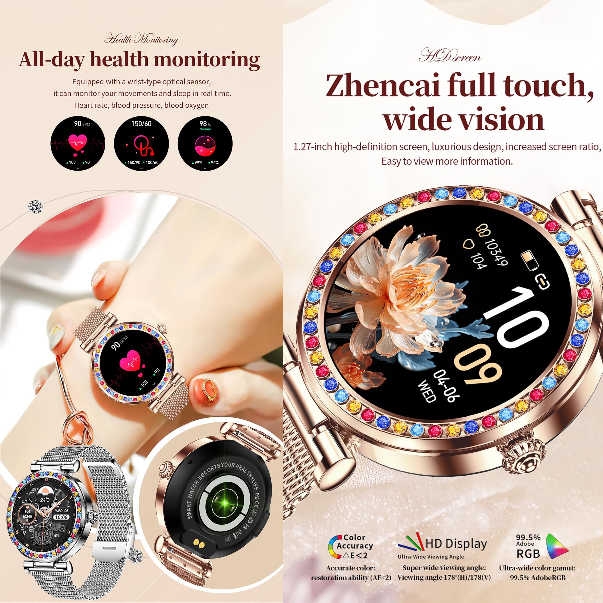 Myshun Smart Watch For Women(Answer/Make Calls), 5Atm Waterproof Fitness Watch Fitness Watch With Heart Rate/Spo2/Blood Pressure