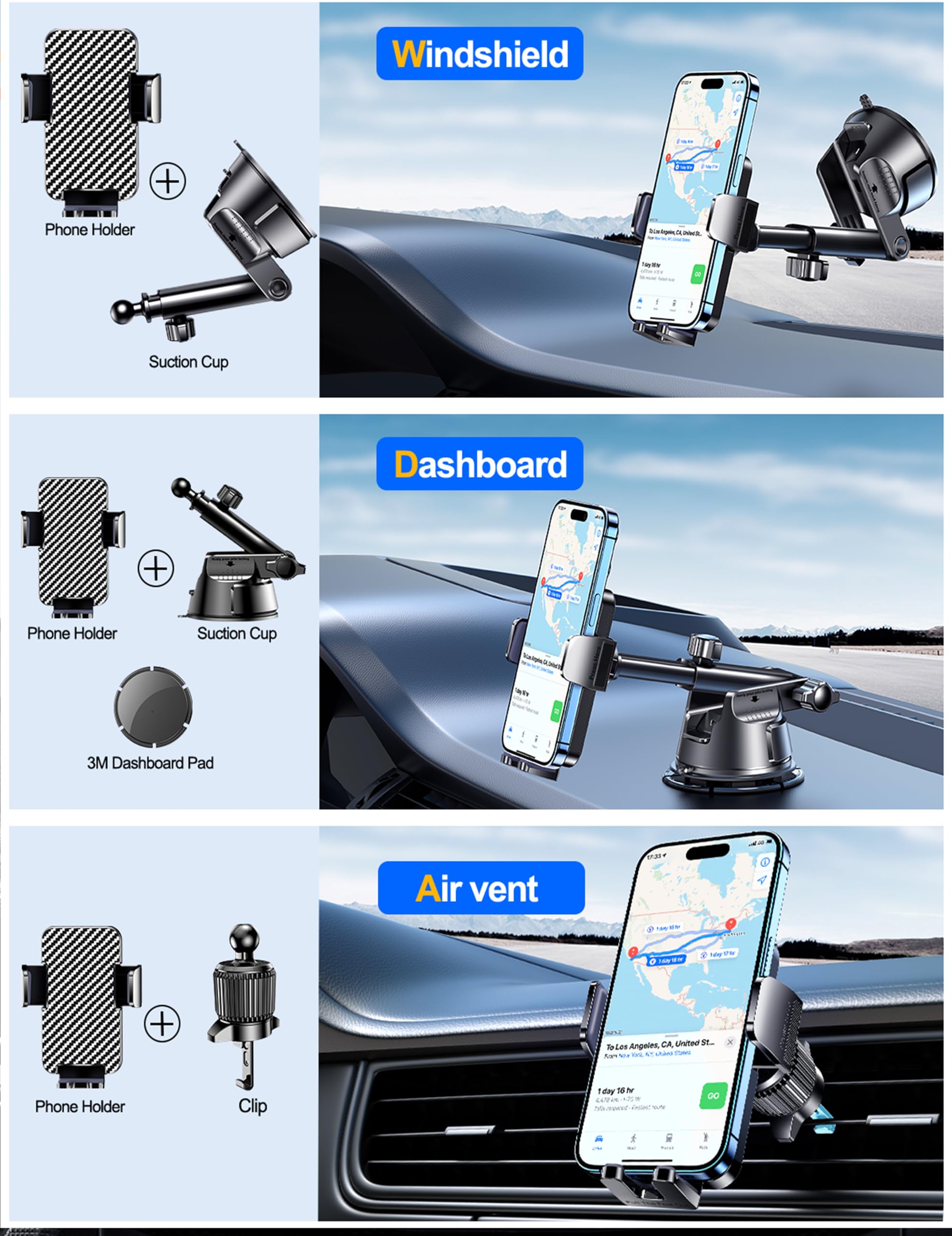 Qifutan Dash Mounted Holders Phone Holders For Your Car Phone Mount For Car Windshield Dashboard Air Vent Universal Hands Free A