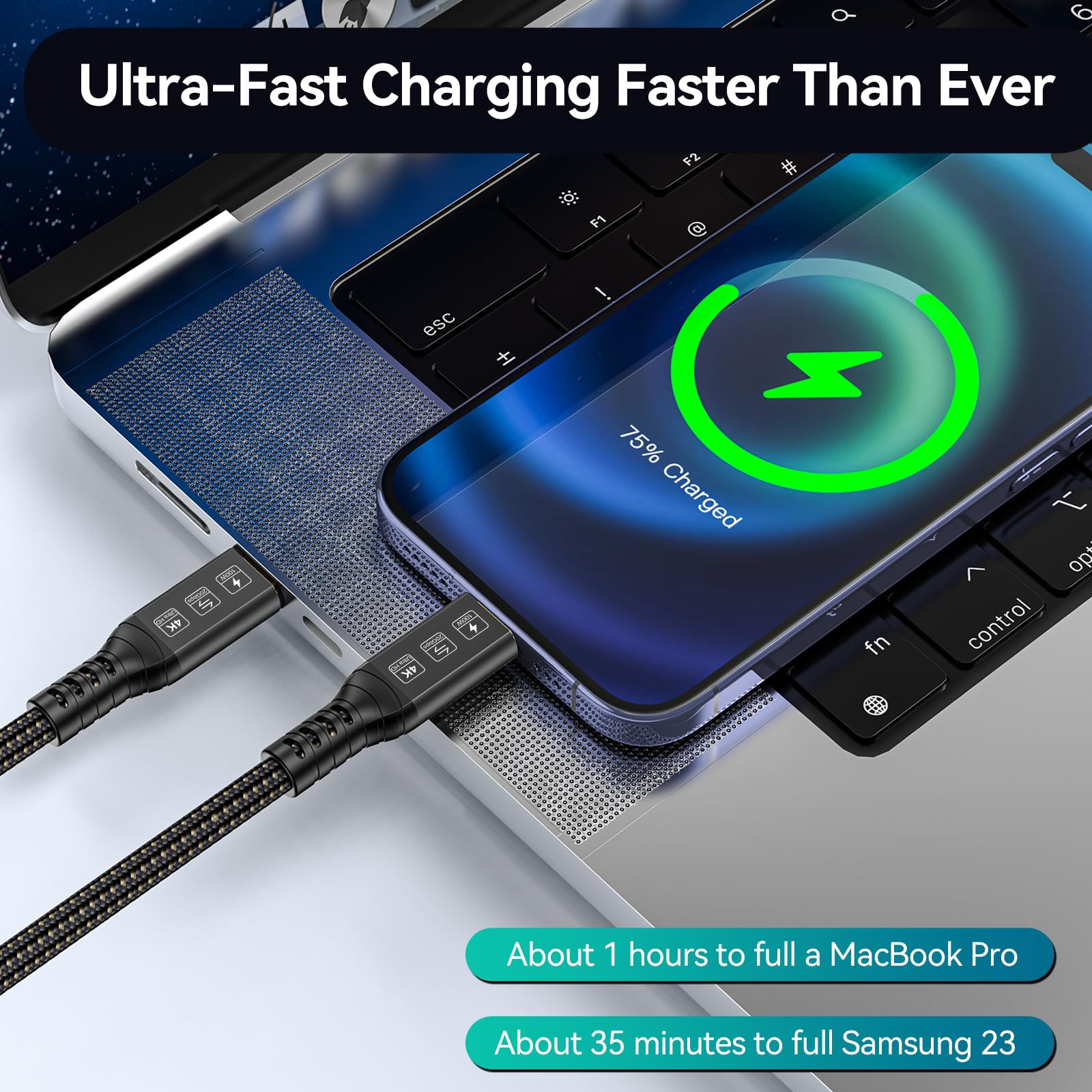 Connbull Thunderbolt 4 Cable Long 16.4Ft Supports 100W Charging Compatible With Thunderbolt 3/ Usb4 Monitor, Macbook Etc