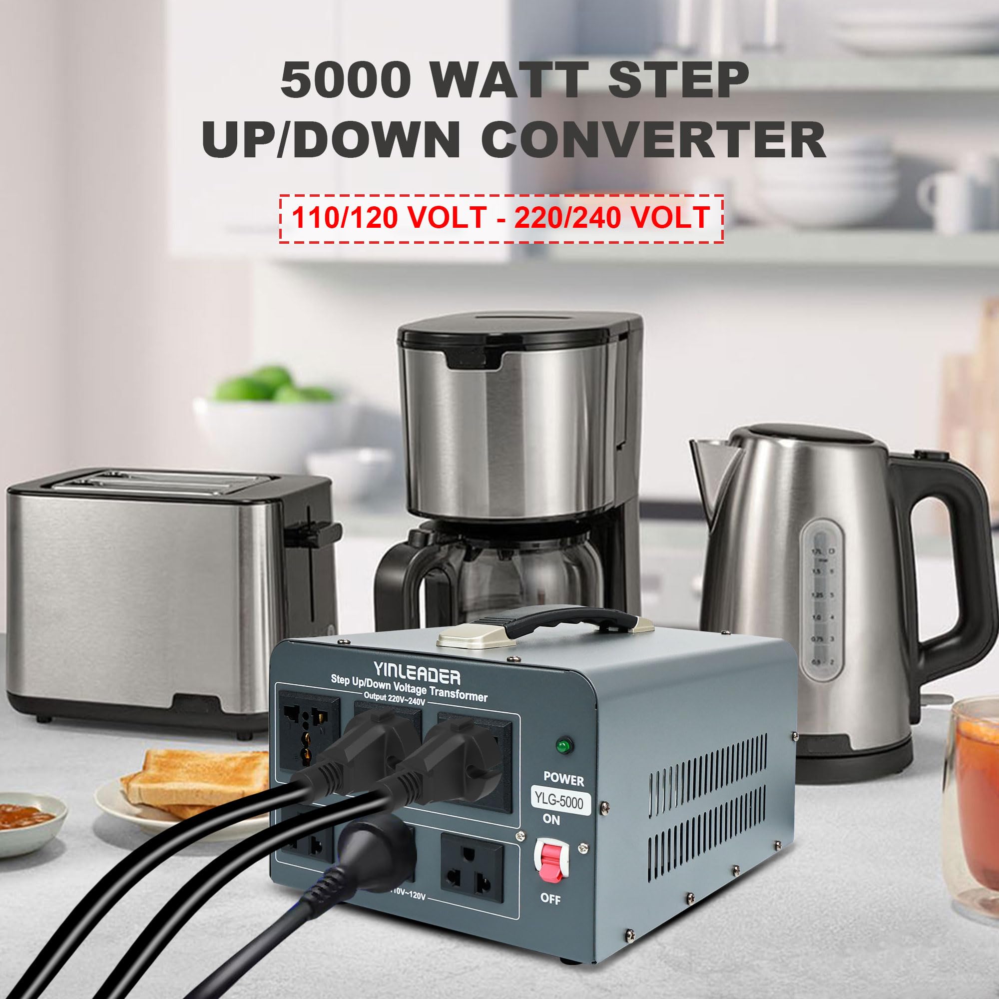 Yinleader 5000 Step Up/Down Transformer Converter 110/120 Volt   220/240 Volt W/Us Power Cord,Circuit Breaker Protection (Grey)