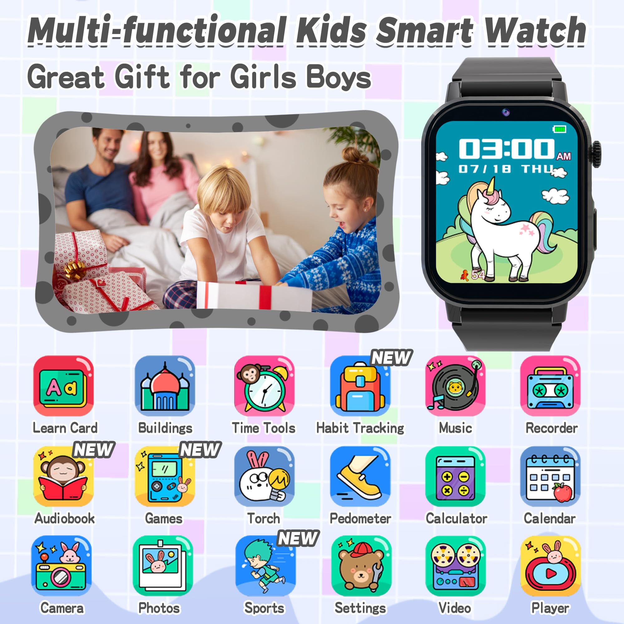 Kids Smart Watch Boys, Kids Game Smart Watch With 32 Games Hd Touch Screen Video Camera Music Player Audiobooks Pedometer Flashl