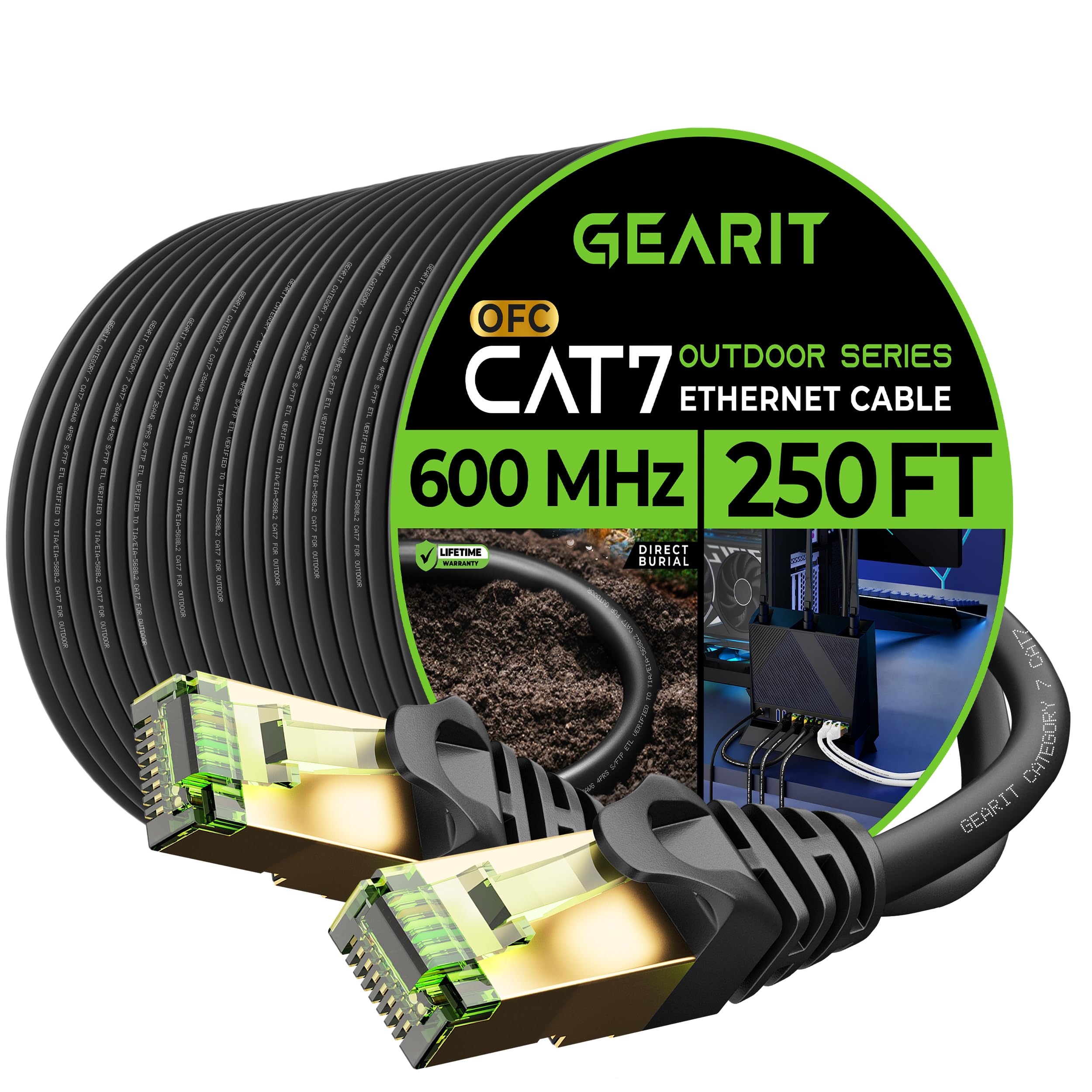 Gearit Cat7 Outdoor Ethernet Cable (250Ft) Sftp Shielded Foil Twisted Pair, Pure Copper, Lldpe, Waterproof, Direct Burial, In Gr
