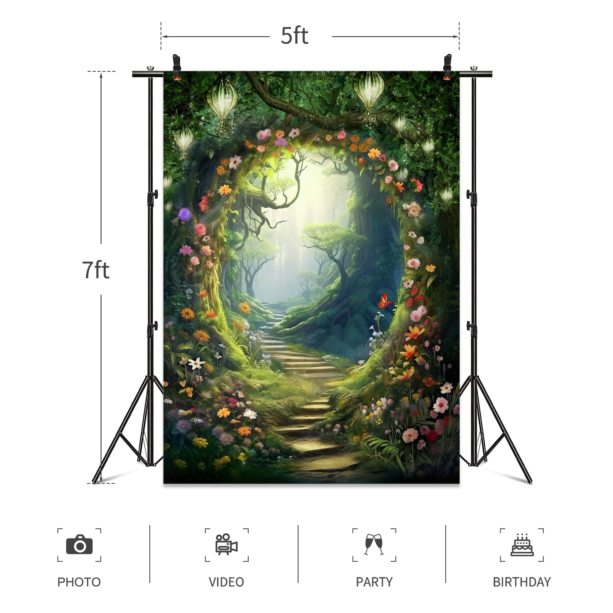 Omifly Enchanted Woodland 5W*7H Backdrop For Photography Fairy Tale Floral Wonderland Greenery Garden Tree Spring Plant Backgrou