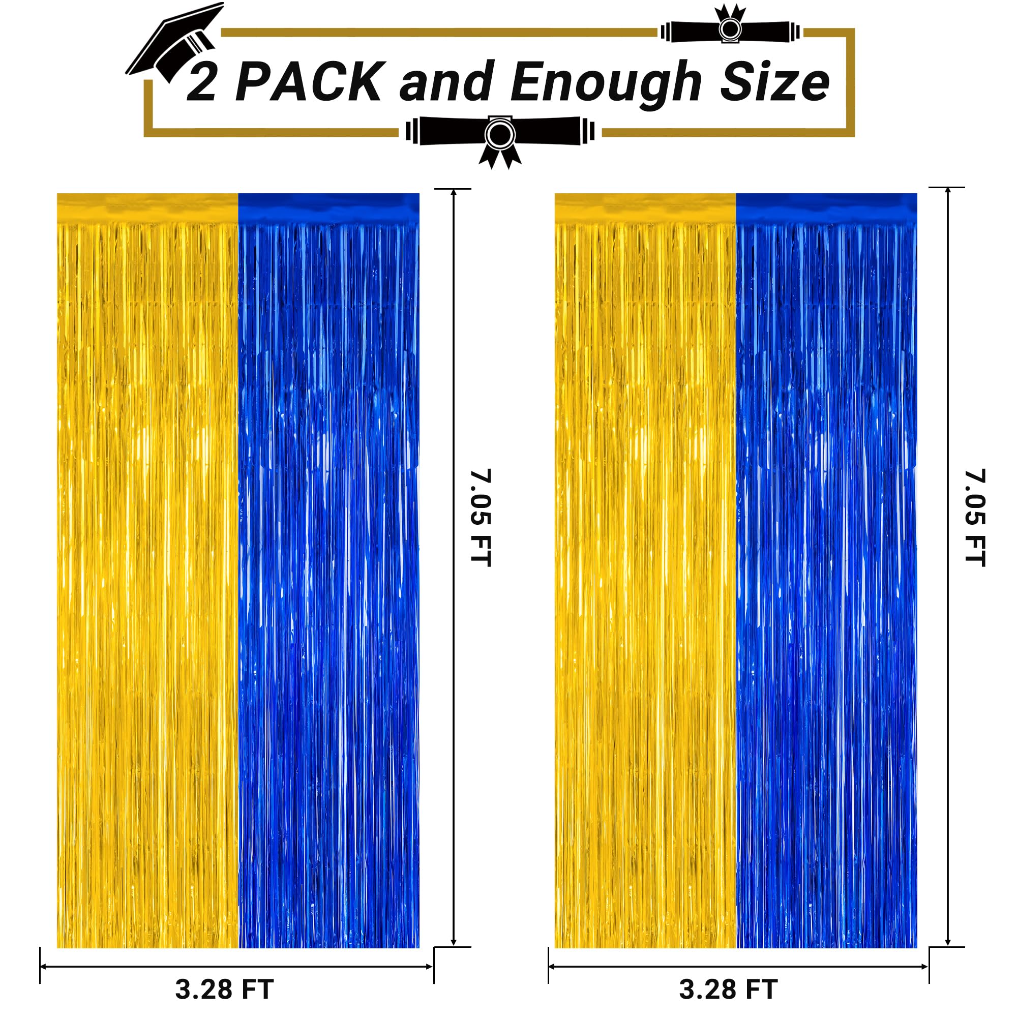 2 Pack Graduation Backdrop, 3.28 Ft X 7.05 Ft Class Of 2025 Decorations, Blue Gold Fringe Curtains Tinsel Backdrop Party Streame