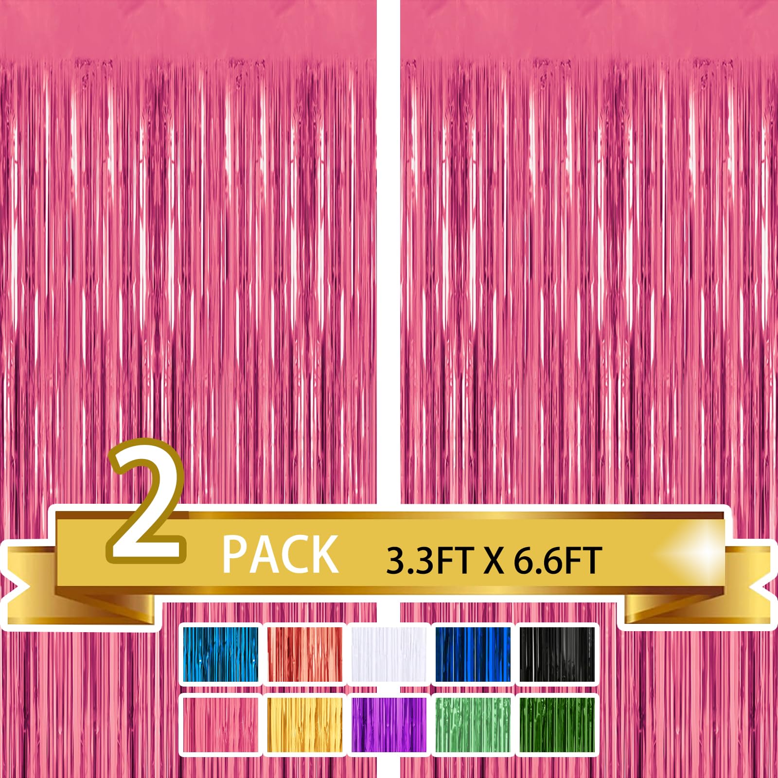 2 Pack Pink Metallic Tinsel Foil Fringe Curtains Party Photo Backdrop Party Streamers For Birthday,Graduation,New Year Eve Decor