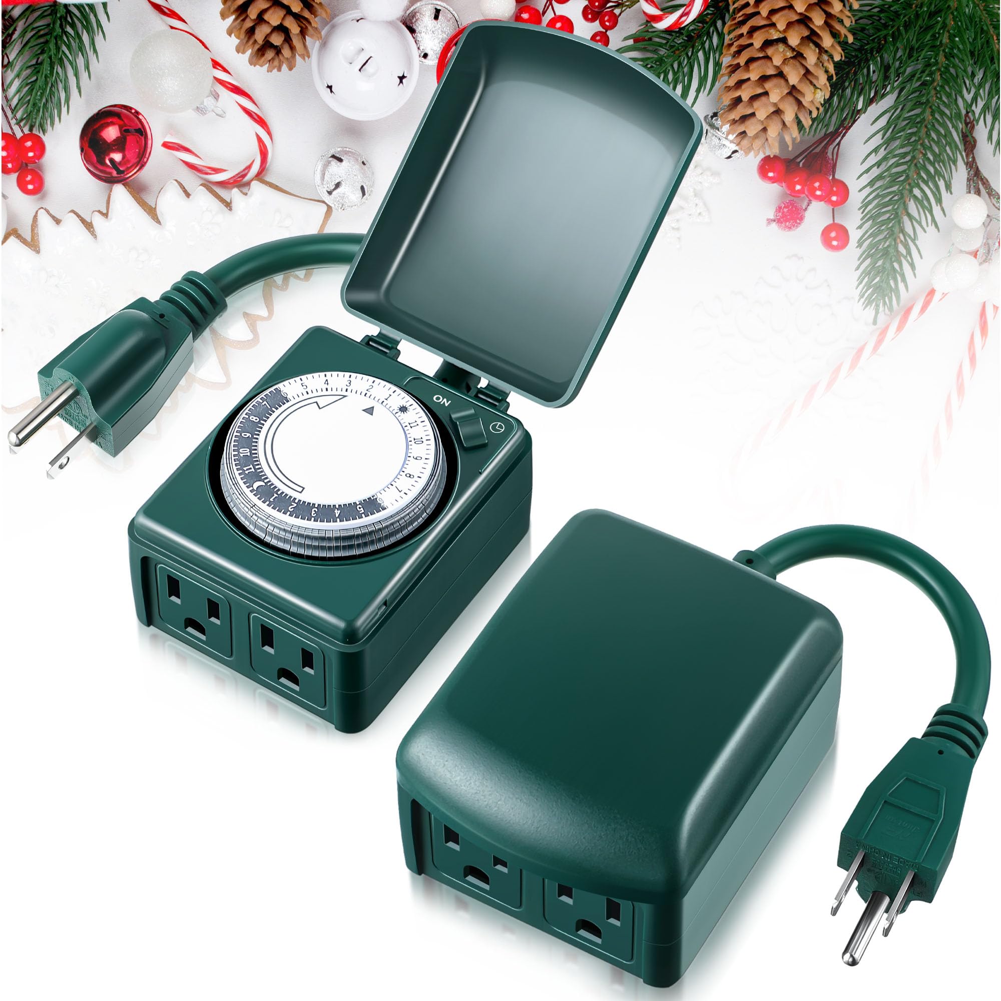 Dreyoo 24-Hour Heavy-Duty Mechanical Timer for Christmas - 2 Grounded Outlets for Xmas Decor, Waterproof, Green (2 Pcs) with 15-