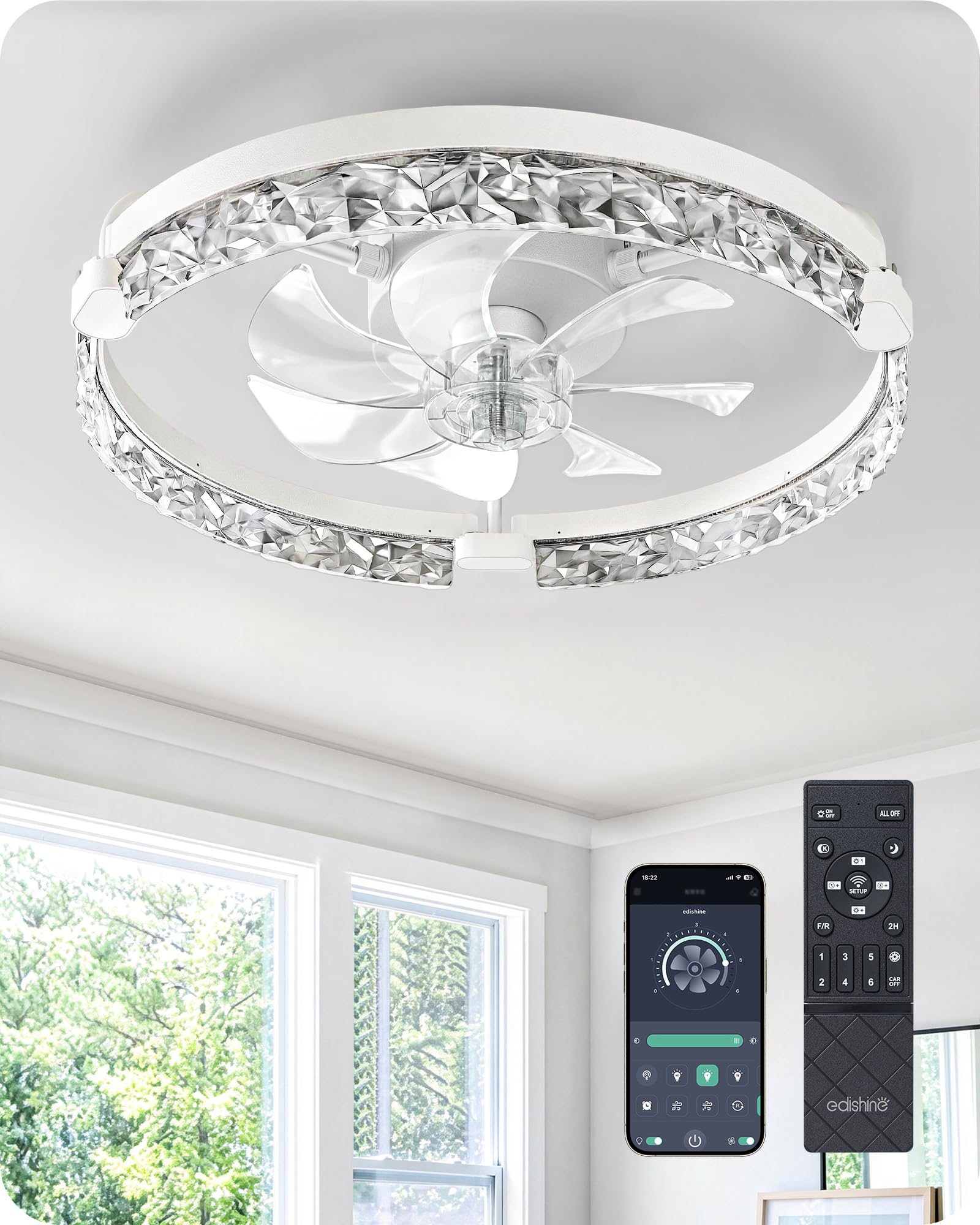 EDISHINE 20 Ceiling Fans with Lights and Remote, Low Profile Flush Mount Fandelier, 3000-6000K Dimmable, 6 Speeds, DC Motor, L