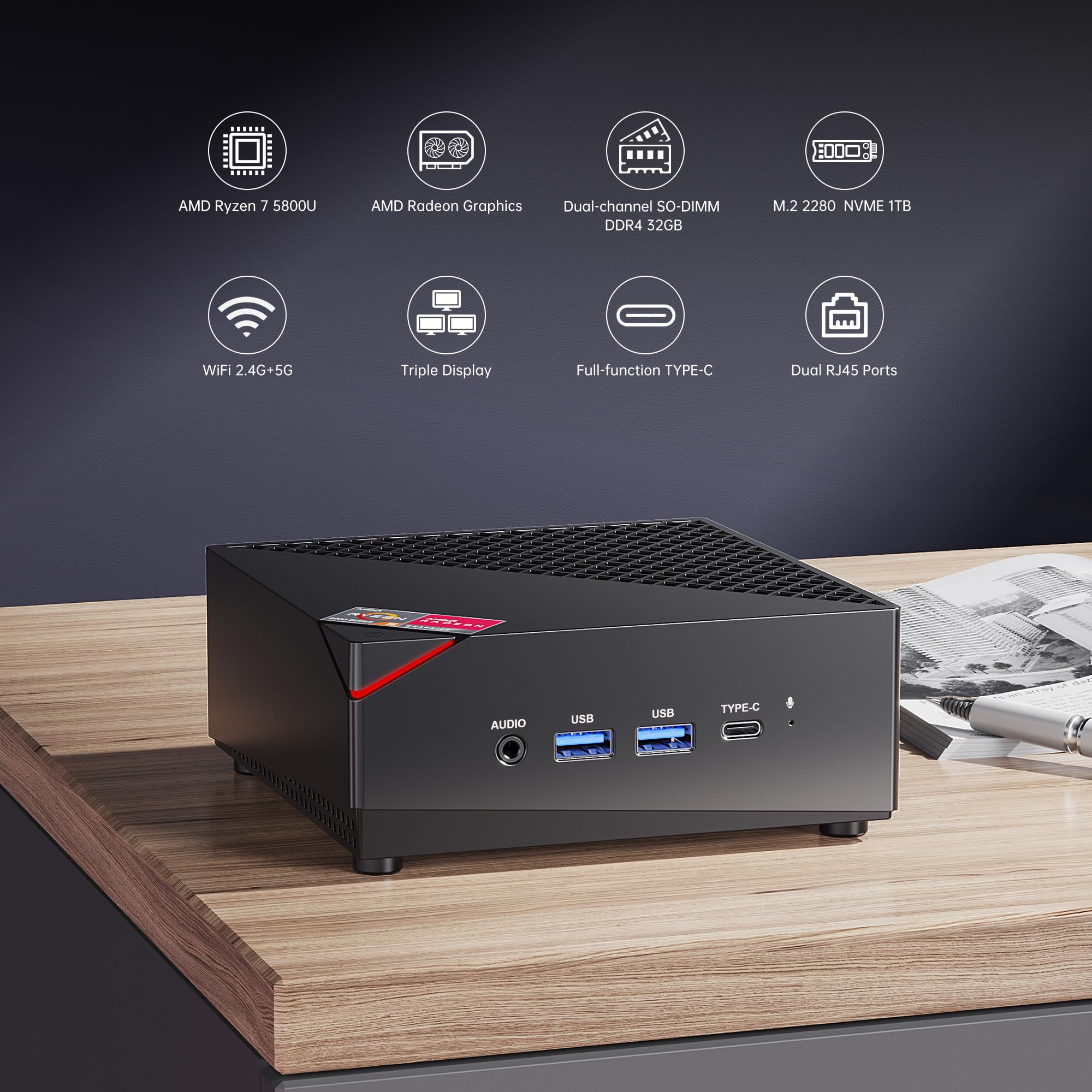 Acemagician Mini Pc Amd Ryzen 7 5800U : 32Gb Ddr4 1Tb Nvme Ssd Mini Computers, Small Gaming Pc 4K@60Hz Triple Display, Mini Desk