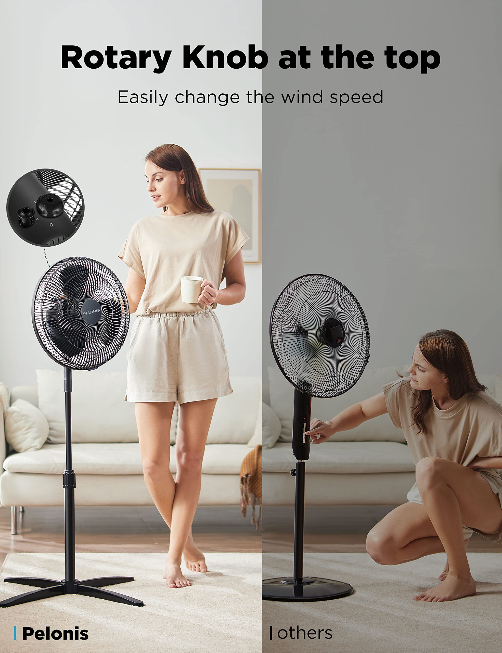 Pelonis Fan Portable 16 Inch Pedestal Fan| 3 Speed| 90 Oscillation| Adjustable Height| Standing Floor Fan For Living Room, Bedro