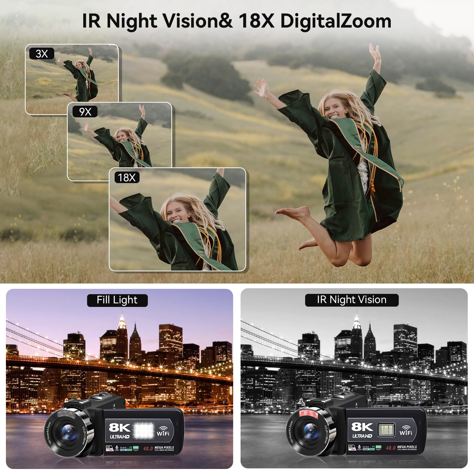 Video Camera, 8K Camcorder 48Mp 15Fps Uhd Wifi Vlogging Camera With Ir Night Vision For Youtube, 3'' Touch Screen 18X Digital Zo