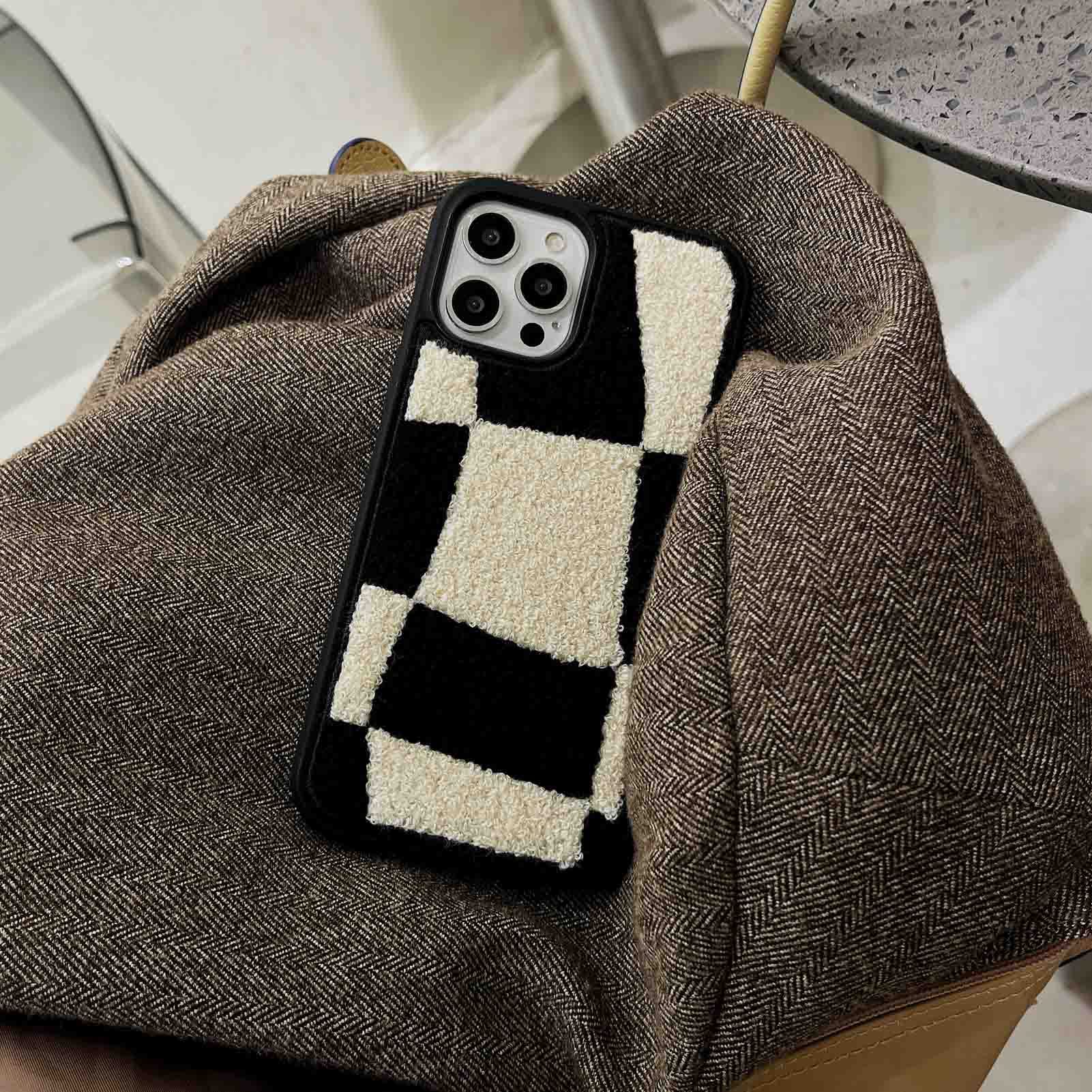 Tewwsdi iPhone 13 Pro Max Phone Case Terry Velvet Black White Checkered TPU