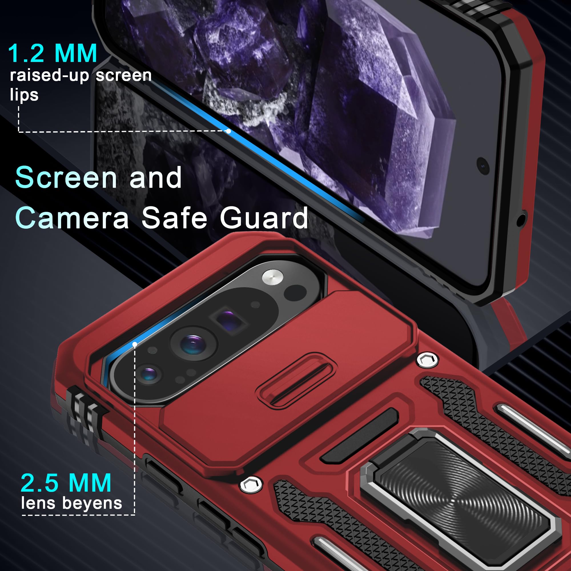 Deerlamn Case For Google Pixel 9 Pro Xl With Slide Camera Cover+Screen Protector(1 Pack), Rotated Ring Kickstand Military Grade