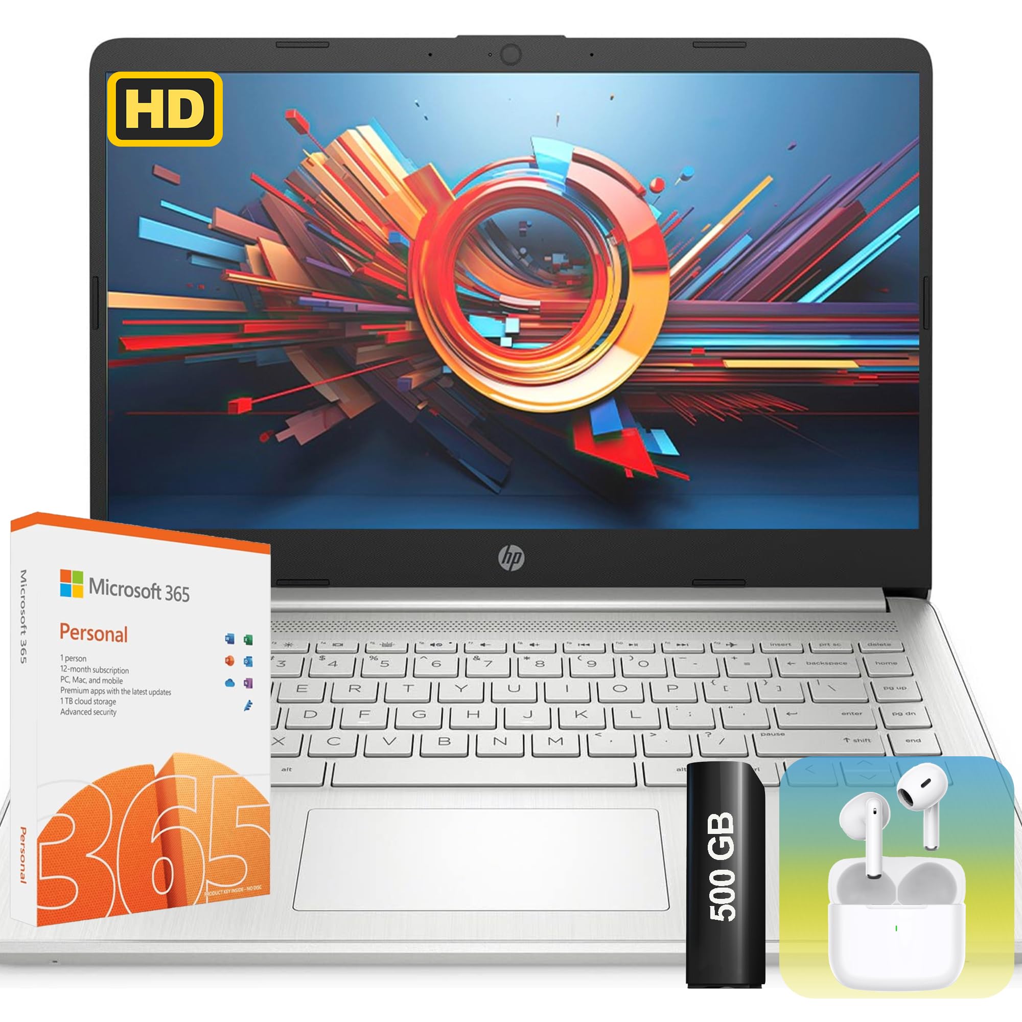 HP Ultralight 14 inch Laptop with Intel 4-Core Processor  with Microsoft 365 and Wireless Earbuds  8GB RAM  128GB External & 64G