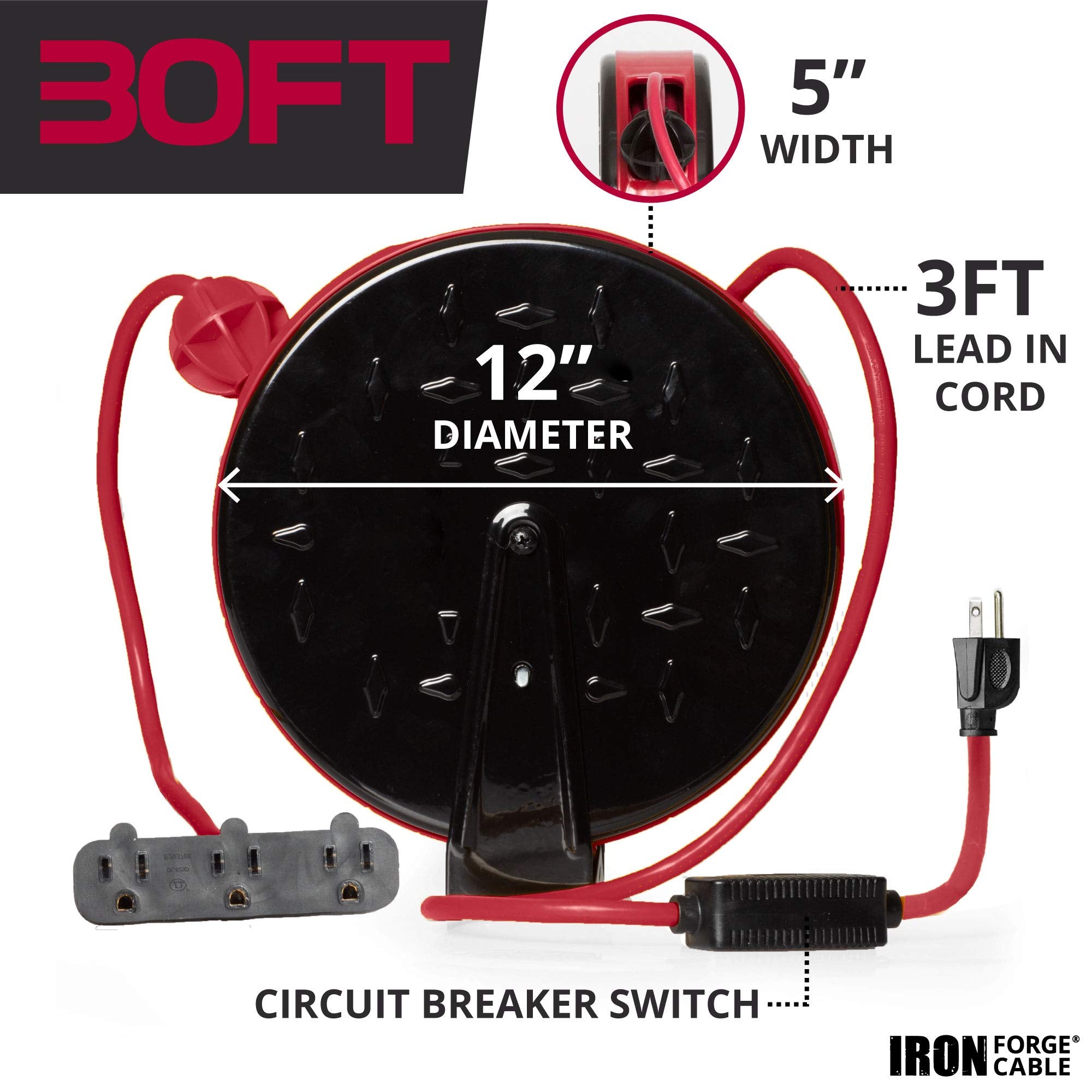 Iron Forge Cable 30Ft Retractable Extension Cord Reel With Breaker Switch & 3 Electrical Power Outlets   16/3 Sjtw Durable Red C