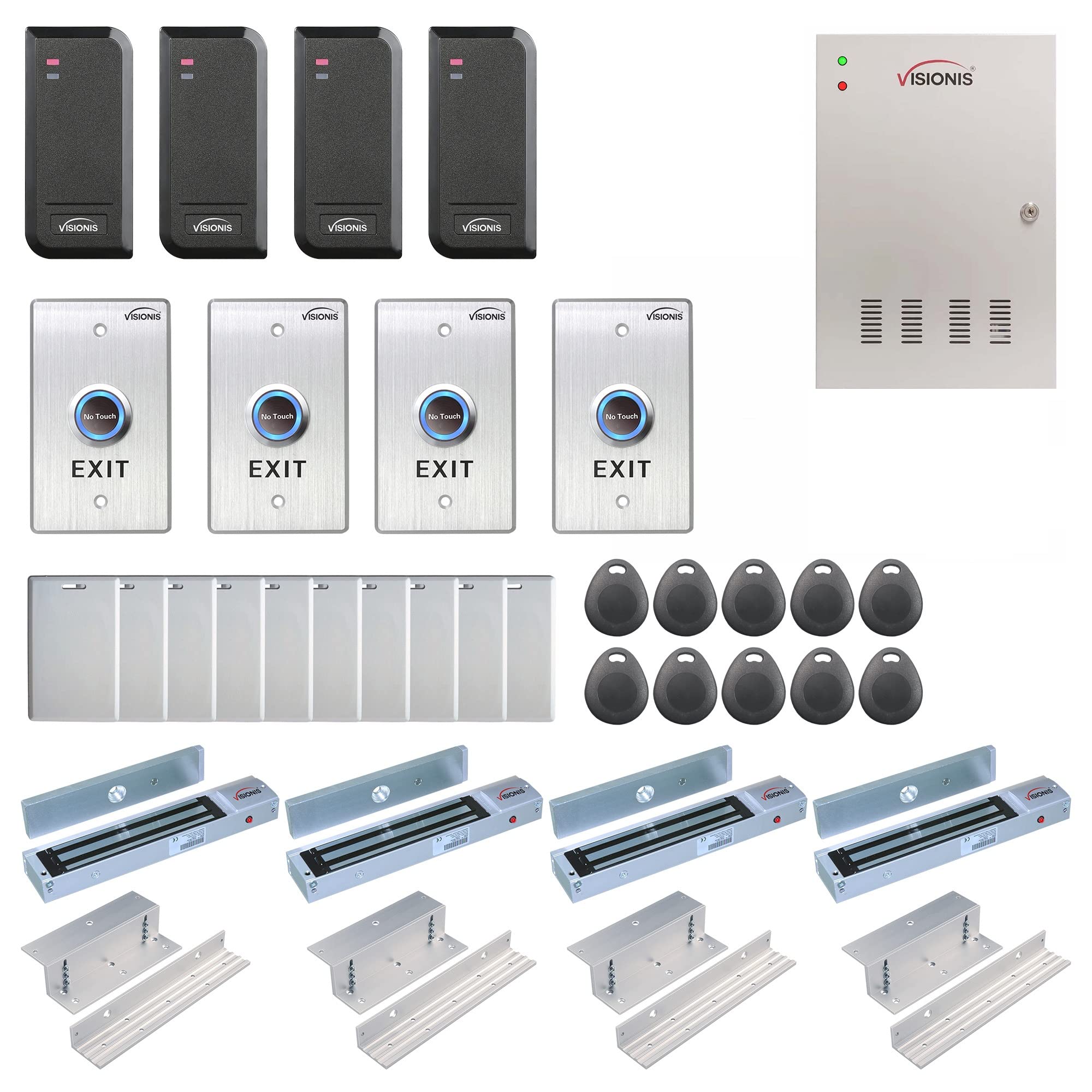 Visionis Fpc 6206 Four Doors Access Control Tcp/Ip Wiegand For In Swing Electric 600Lbs Maglock Controller Box + Black Indoor/Outdoor Card Reader + Software Included + 20,000 Users