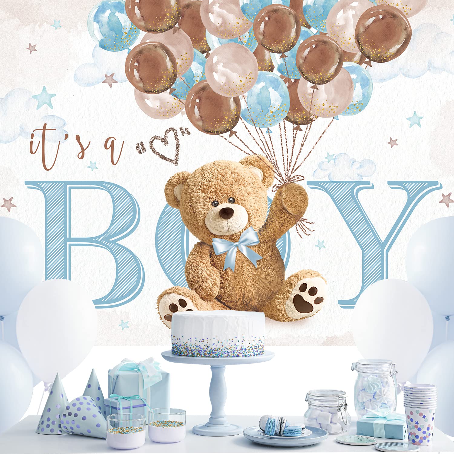 Imirell Boys Bear Baby Shower Backdrop 8Wx6H Feet It S A Boy Cute Blue Brown Watercolor Lovely Cartoon Balloons Polyester Fabri