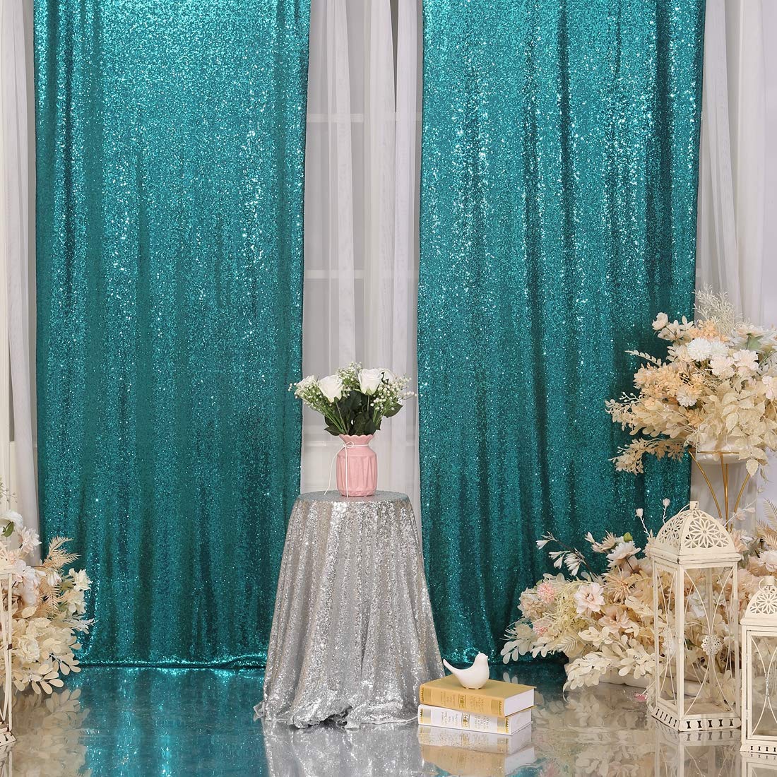 Juya Delight 2Ft X 8Ft X 2Pcs Teal Sequin Photography Backdrop Curtain For Wedding Party Decoration Festival Ceremony