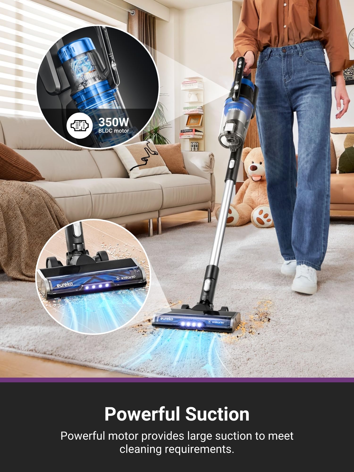 Eureka Cordless Vacuum Cleaner, Vacuum Cleaner For Home Rechargeable, Lightweight Stick Vacuum For Hardwood And Pet Hair, Blue W