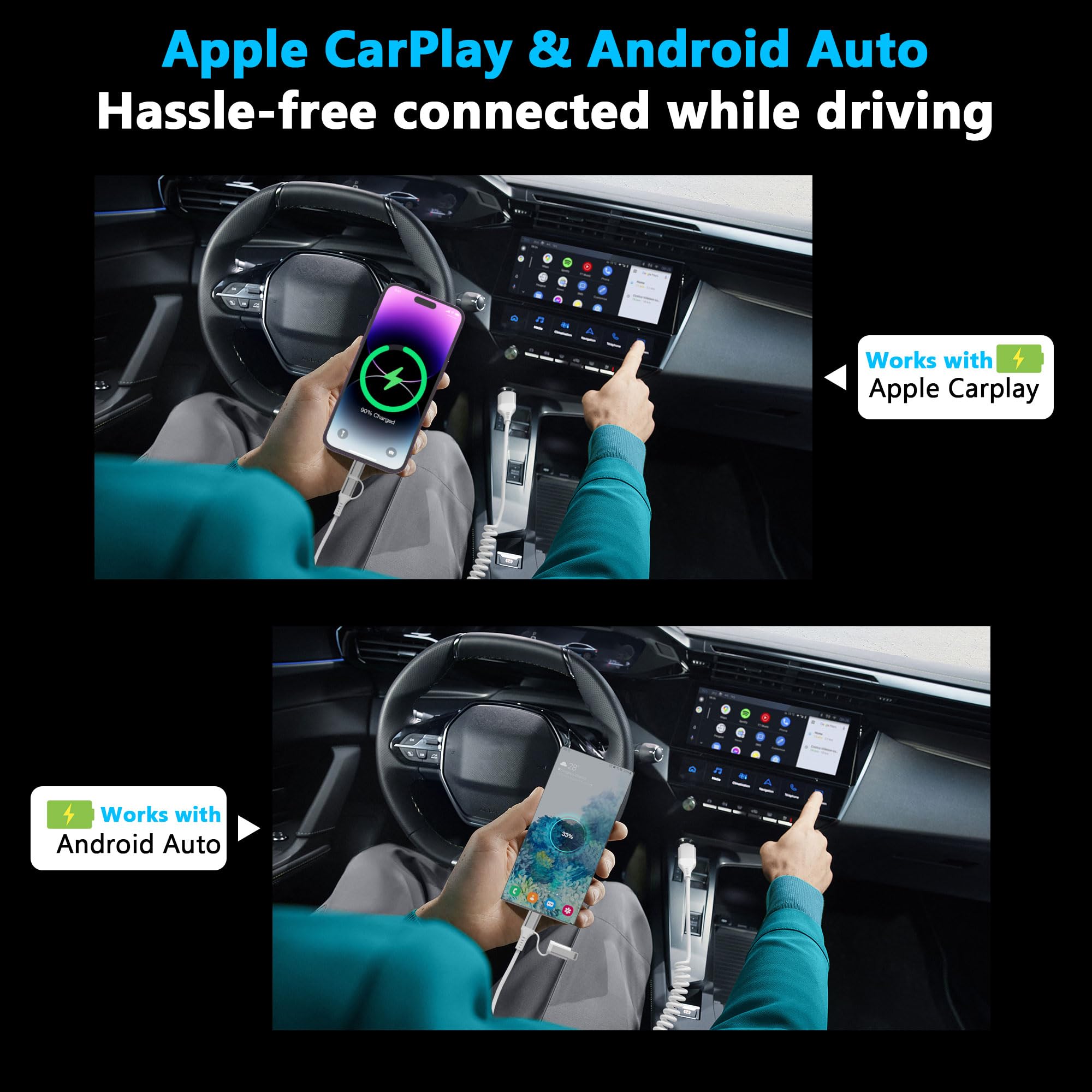 Usb To Usb C And Lightning Cable Coiled 2 In 1,[Mfi Certified] Apple Carplay & Android Auto Cable With 3A Fast Charging & Data Sync,Short Usb To Lightning Cable For Iphone 16/15/14/13/12 Galaxy White
